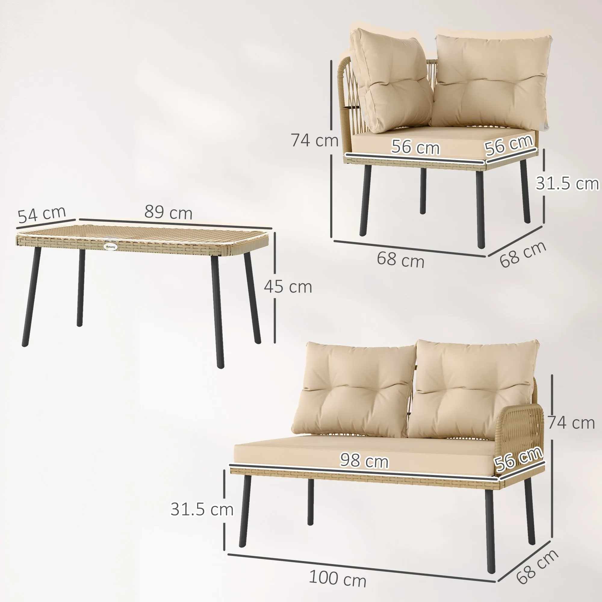 Rattan Garden Lounge Set 2 Sofas and Corner Chair with Cushions, Glass Coffee Table, Wood Color - Image 3