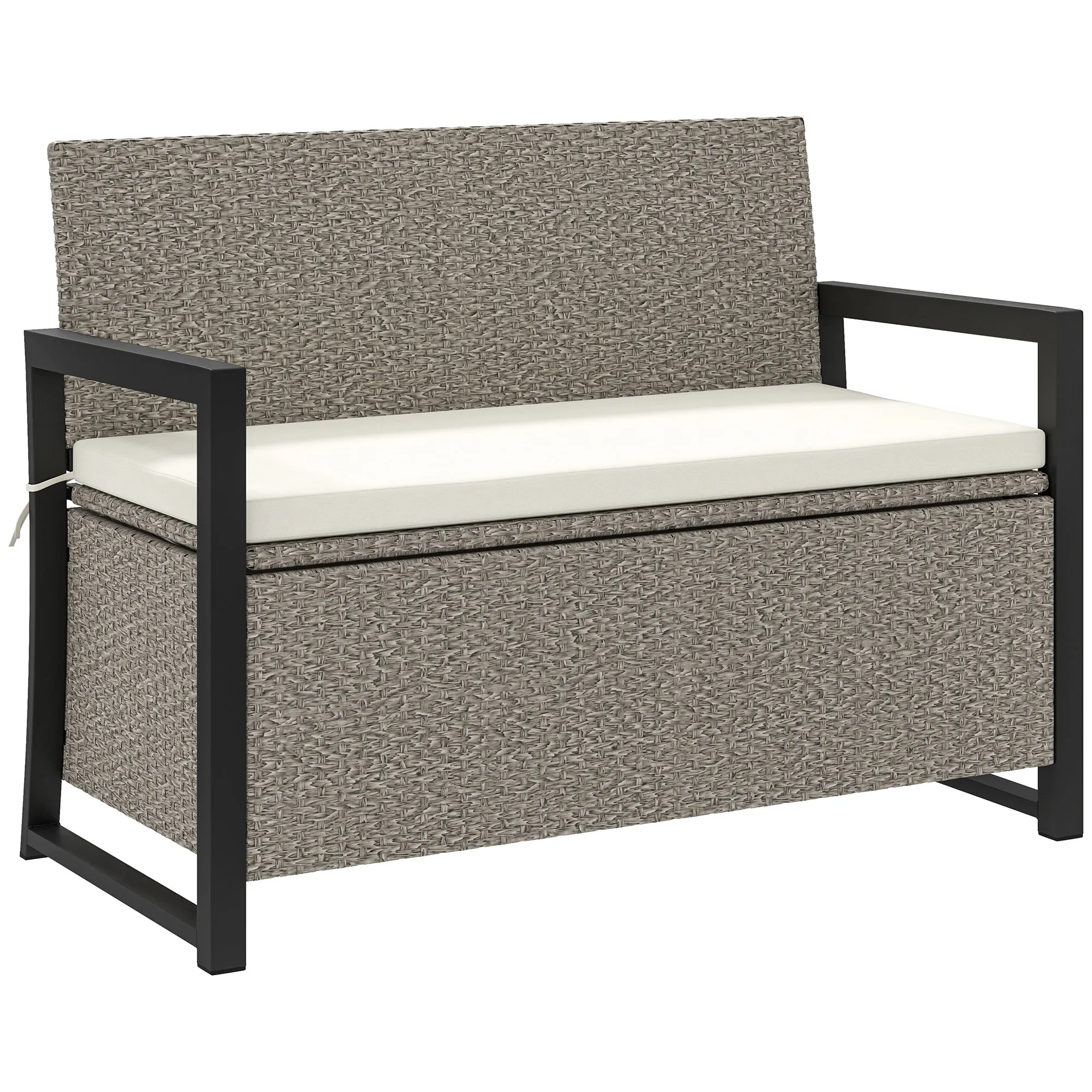 2 Seater Garden Bench with 151.5L Rattan Storage Chest with Backrest, Armrests and Cushion, Cream