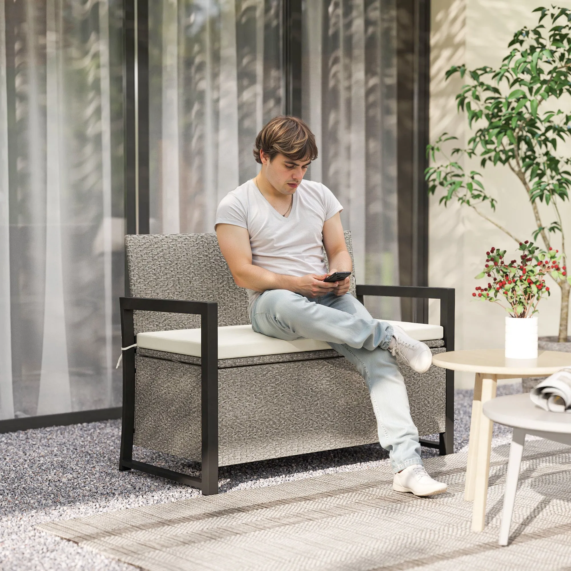 2 Seater Garden Bench with 151.5L Rattan Storage Chest with Backrest, Armrests and Cushion, Cream - Image 2