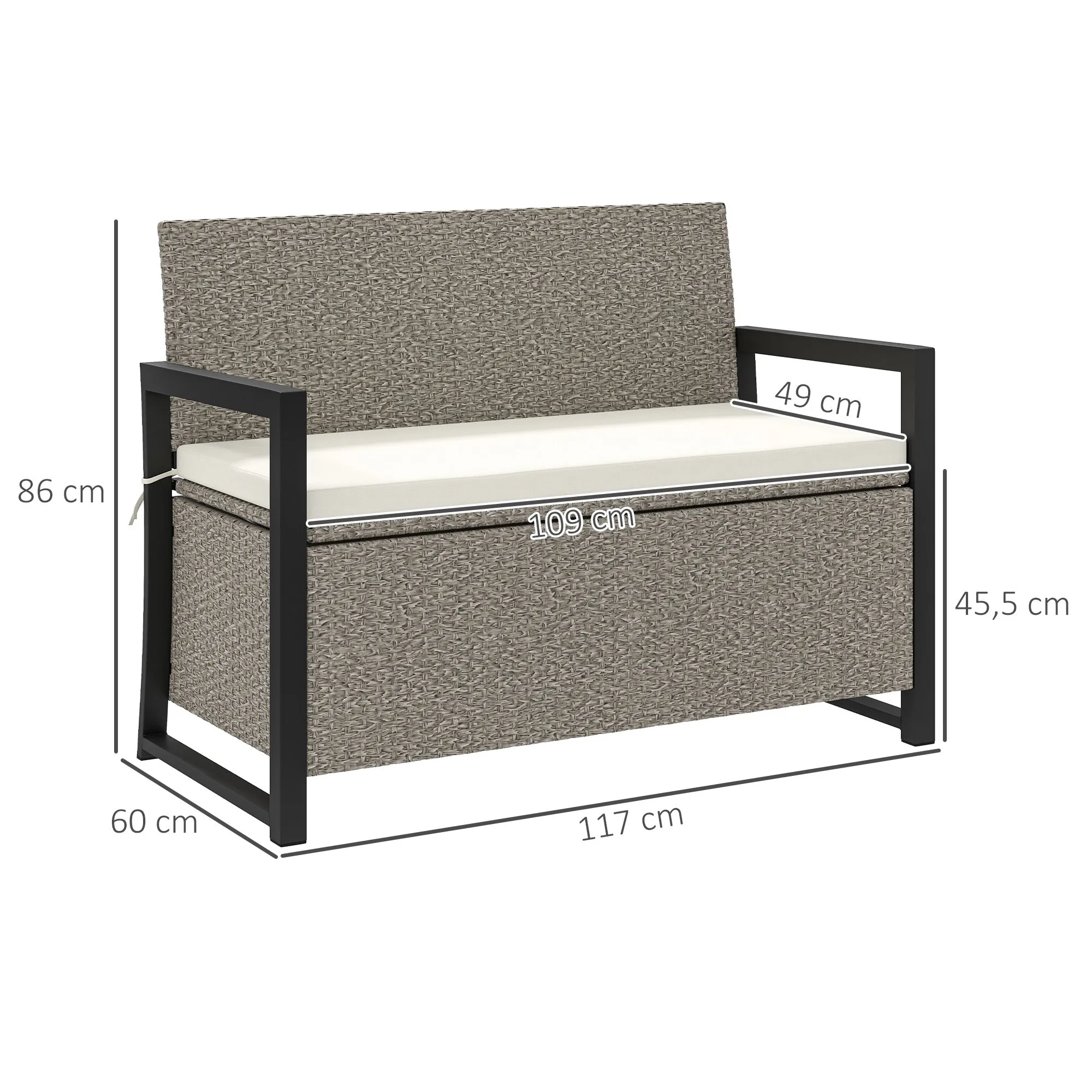 2 Seater Garden Bench with 151.5L Rattan Storage Chest with Backrest, Armrests and Cushion, Cream - Image 3