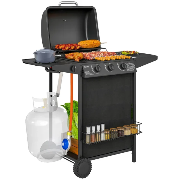 Gas Barbecue with 4 Independent Burners and Lid with Thermometer, 108x54x97 cm, Black