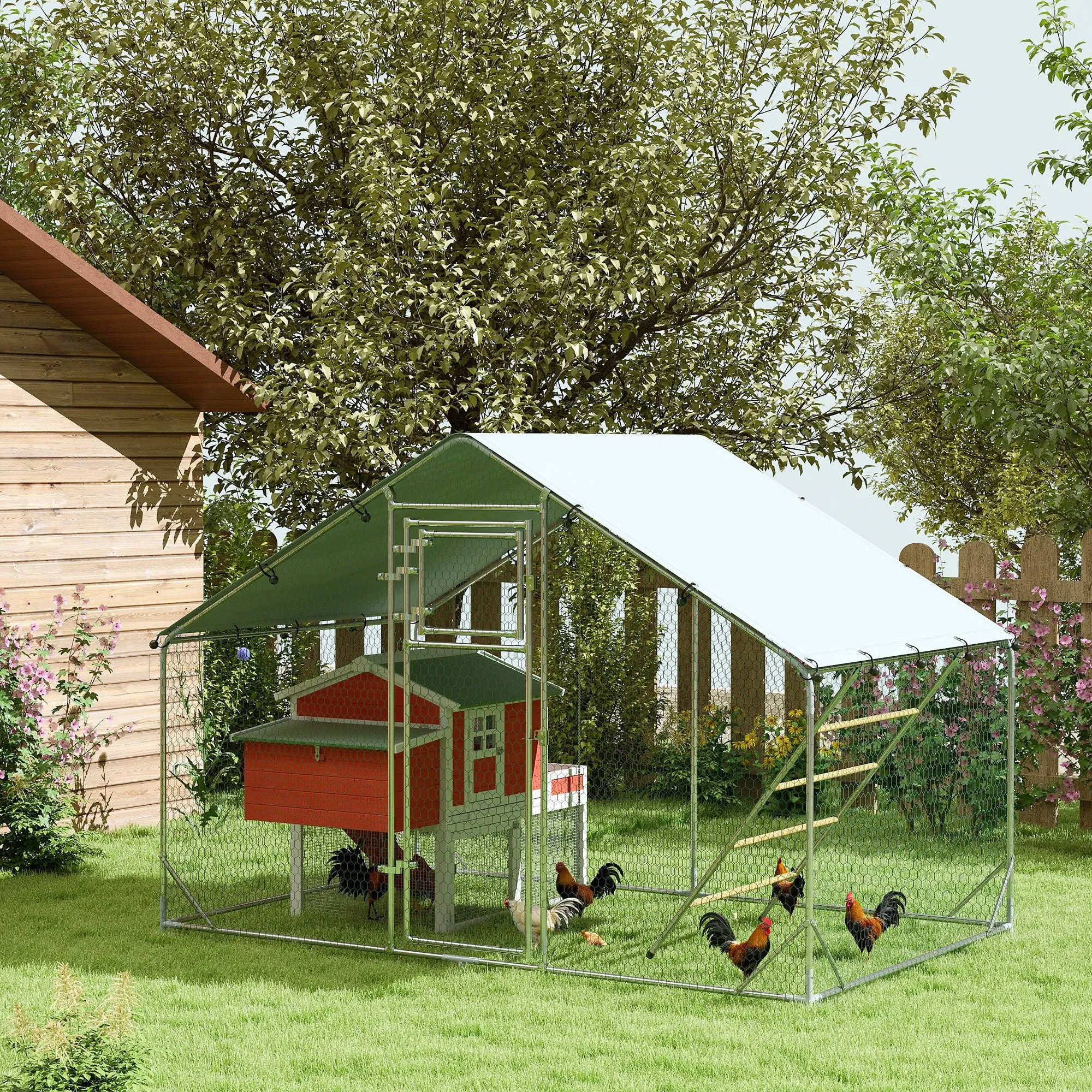 6m² Chicken Coop for 6-8 Animals with Waterproof Roof, Feeder and Perch, 3x2x1.9m, Silver - Image 2
