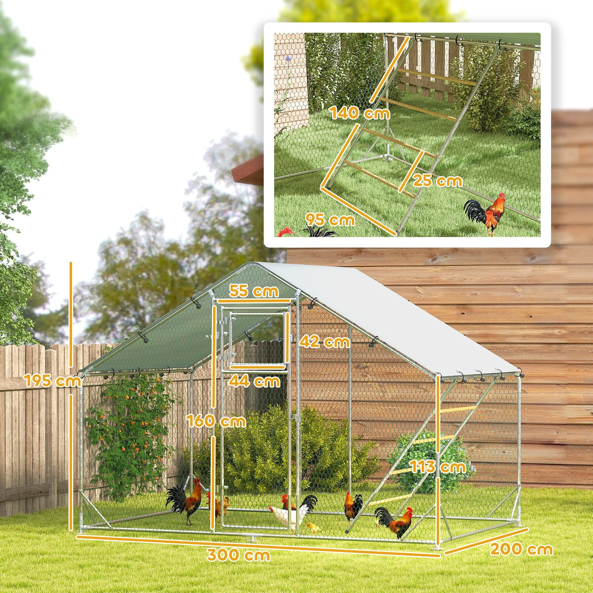 6m² Chicken Coop for 6-8 Animals with Waterproof Roof, Feeder and Perch, 3x2x1.9m, Silver - Image 3