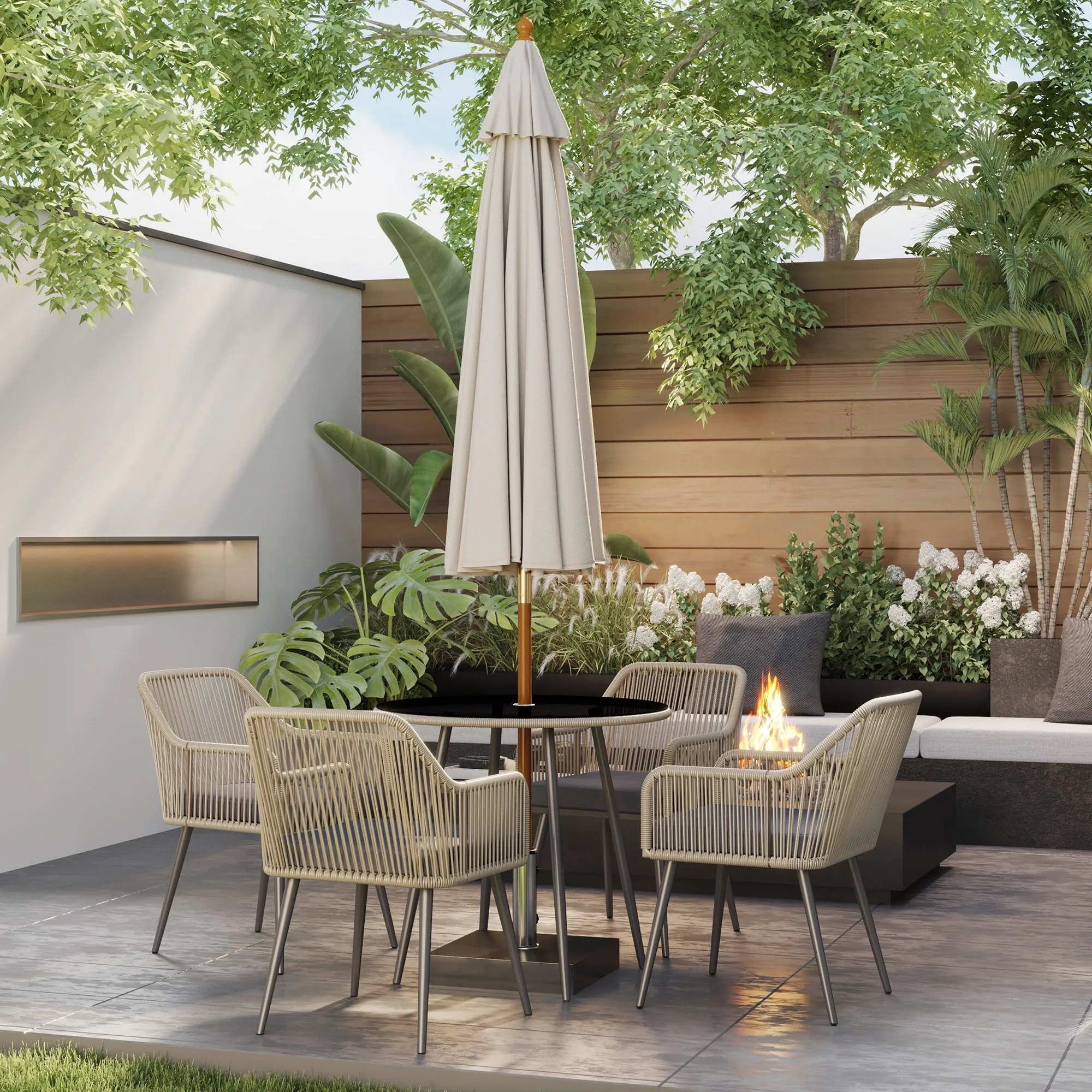 5 Piece Rattan and Steel Garden Set with 4 Outdoor Chairs and Round Table with Hole, Brown and Grey - Image 2