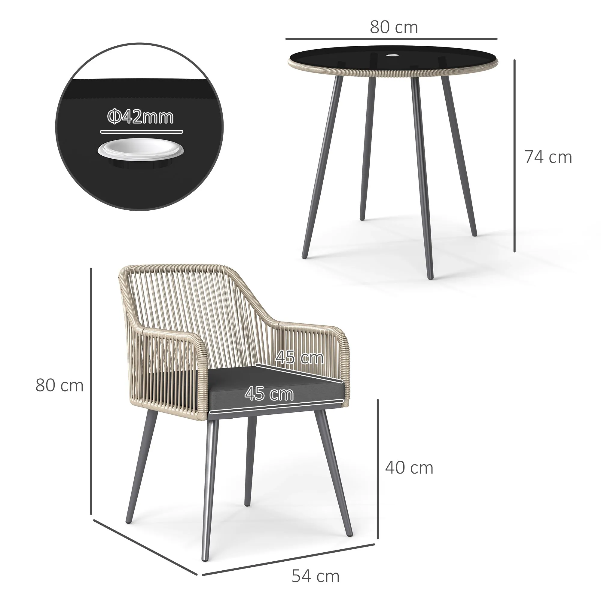5 Piece Rattan and Steel Garden Set with 4 Outdoor Chairs and Round Table with Hole, Brown and Grey - Image 3