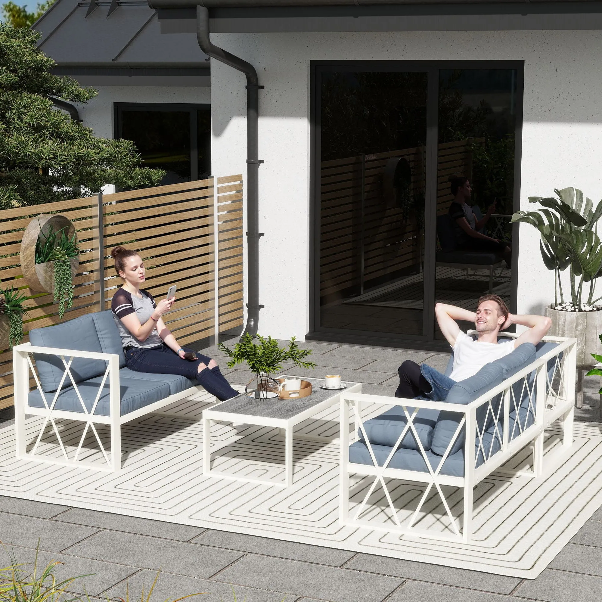 Corner Garden Lounge Set with Recliner, 2 Sofas with Cushions and Coffee Table, Grey - Image 2