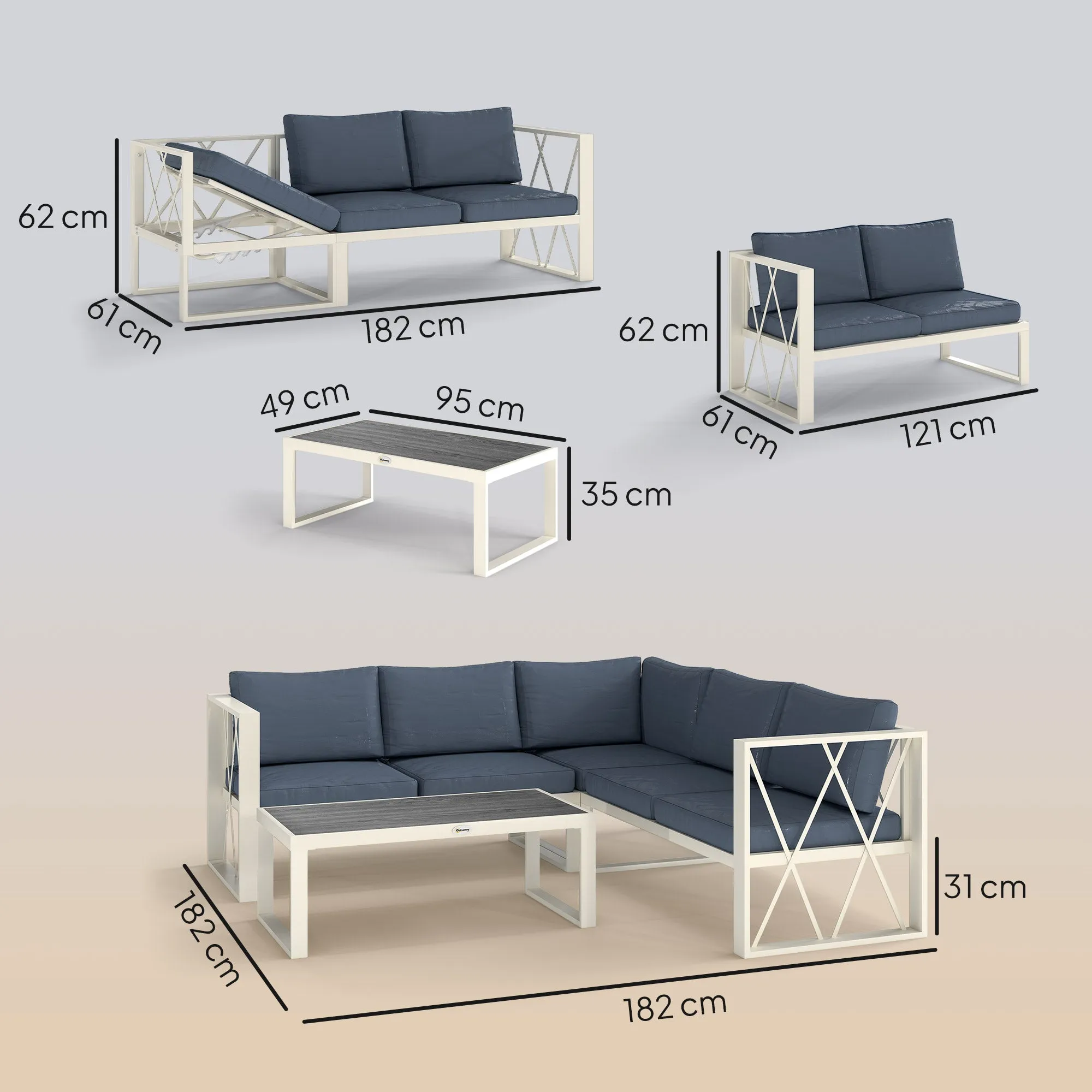 Corner Garden Lounge Set with Recliner, 2 Sofas with Cushions and Coffee Table, Grey - Image 3