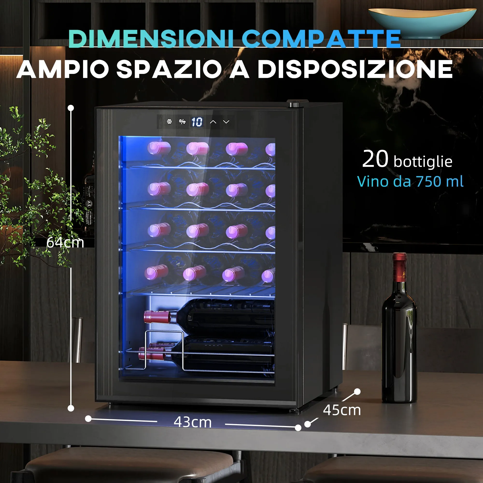 20 Bottle Wine Cooler, 53L Capacity, Anti-UV Glass Door and Adjustable Shelves, Black - Image 3