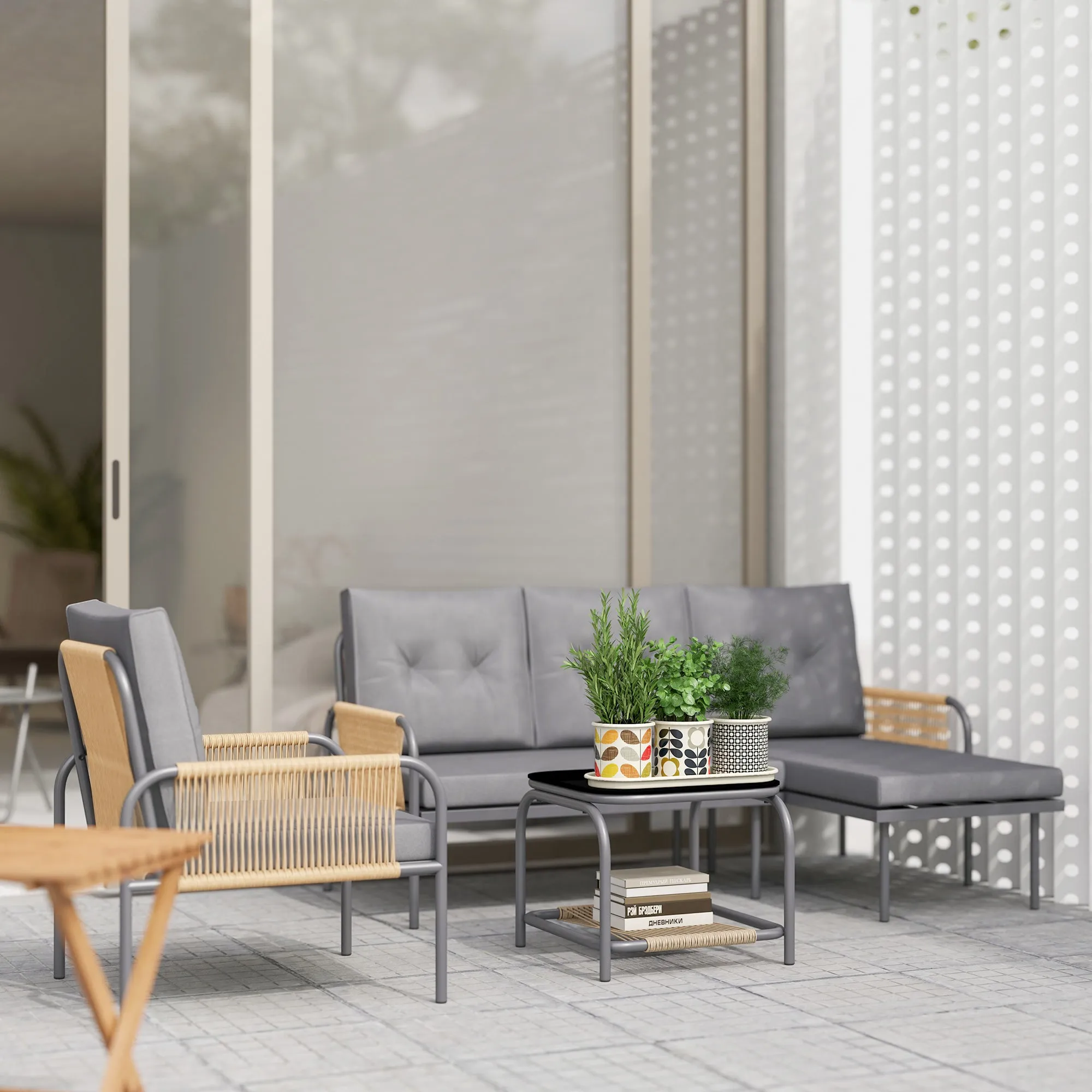 4 Piece Rattan Garden Lounge Set with Sofa, Chaise Longue, Armchair and Coffee Table with Cushions, Grey - Image 2