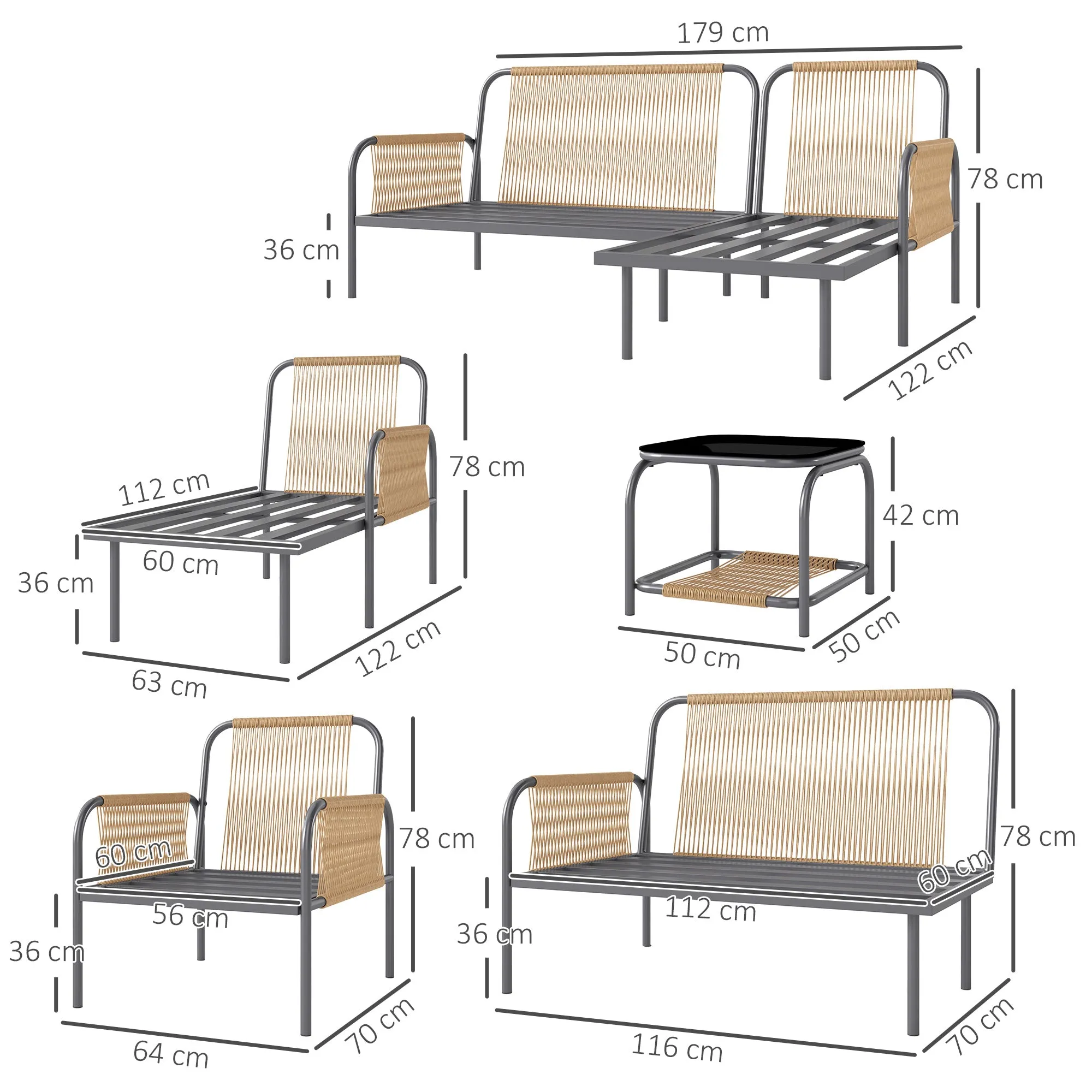 4 Piece Rattan Garden Lounge Set with Sofa, Chaise Longue, Armchair and Coffee Table with Cushions, Grey - Image 3