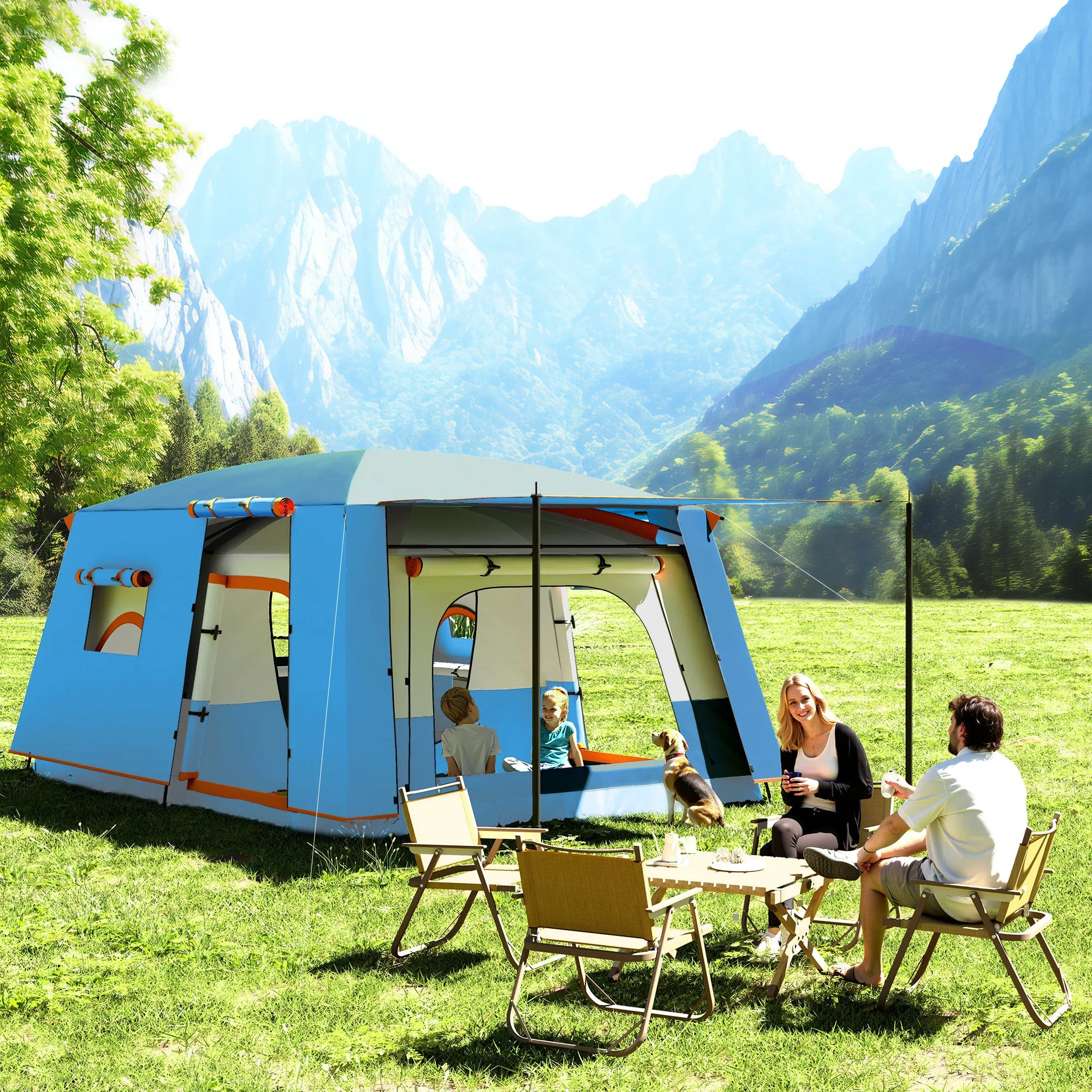 4-6 Person 2-Room Camping Tent with Veranda, Waterproof and UPF 30+, Carry Bag, Blue - Image 2