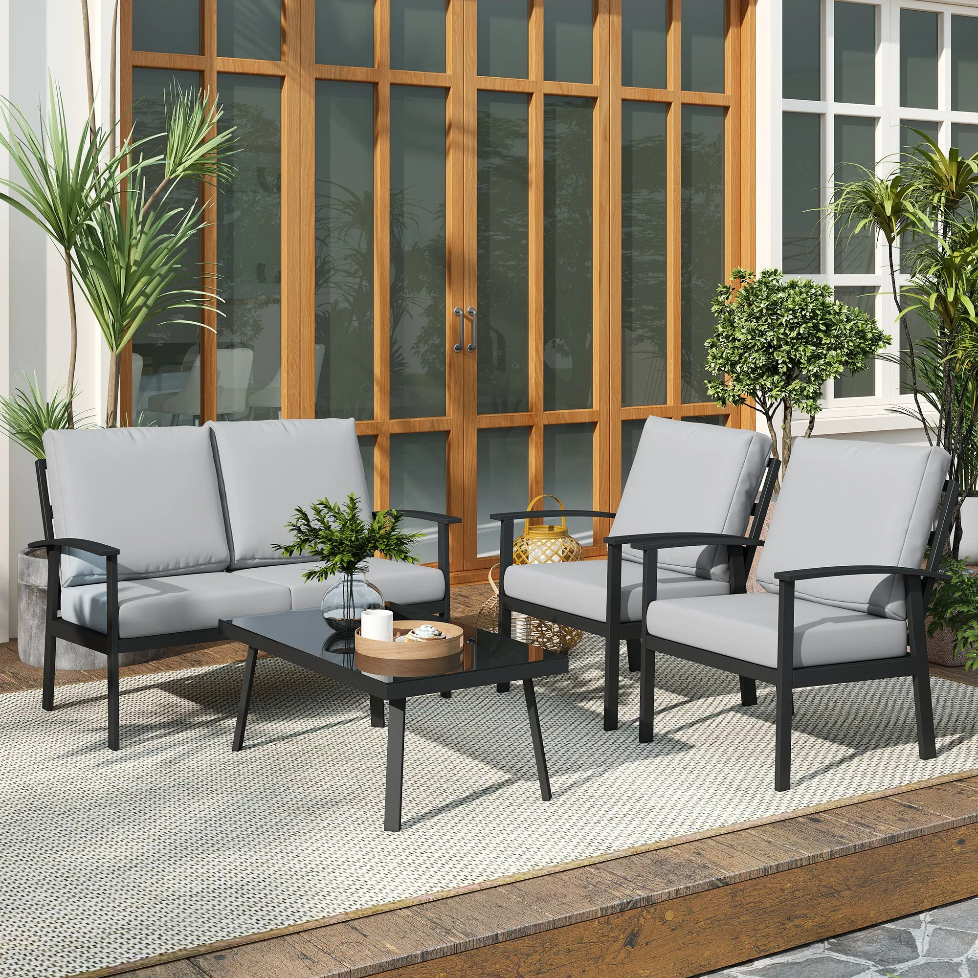 DULA | 4 Piece Garden Set with 2 Armchairs, 2 Seater Sofa and Coffee Table, in Aluminum and Fiber, Charcoal Gray - Image 2