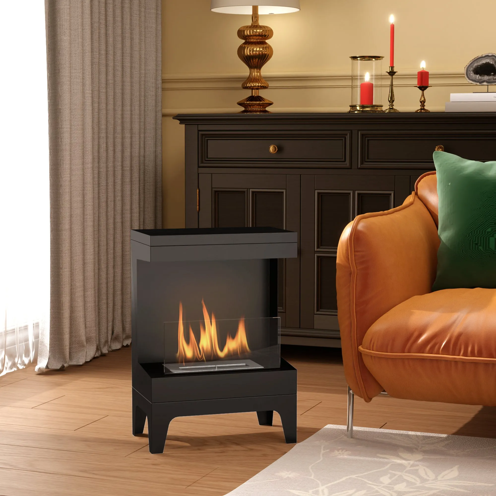 Freestanding Bioethanol Fireplace with 0.9L Burner and 3.3 Hours Burn Time, 38x22x54 cm, Black - Image 2