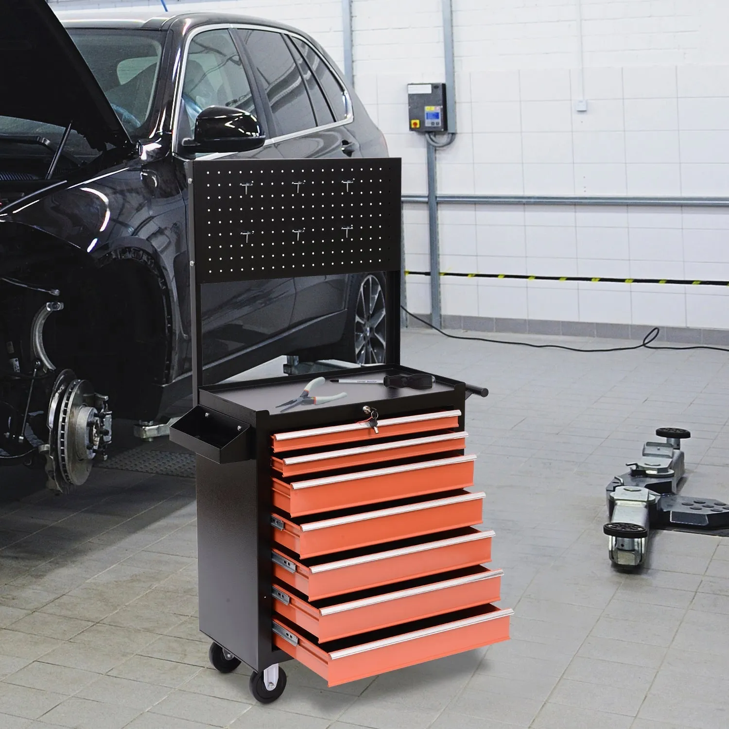 Tool Trolley with Drawers 61.5 x 33 x 76cm Black and Orange - Image 2