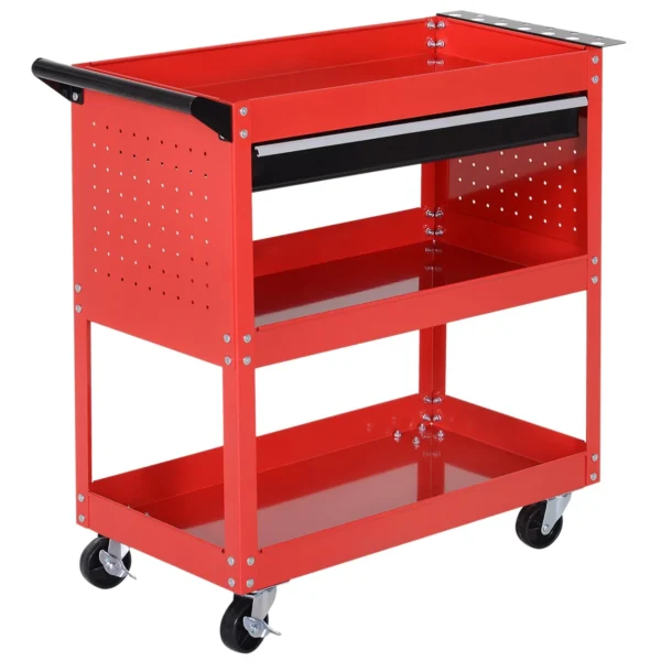 Tool Trolley with Handle, Drawer and 3 Shelves, in Steel Sheet, 82x35x76 cm, Red