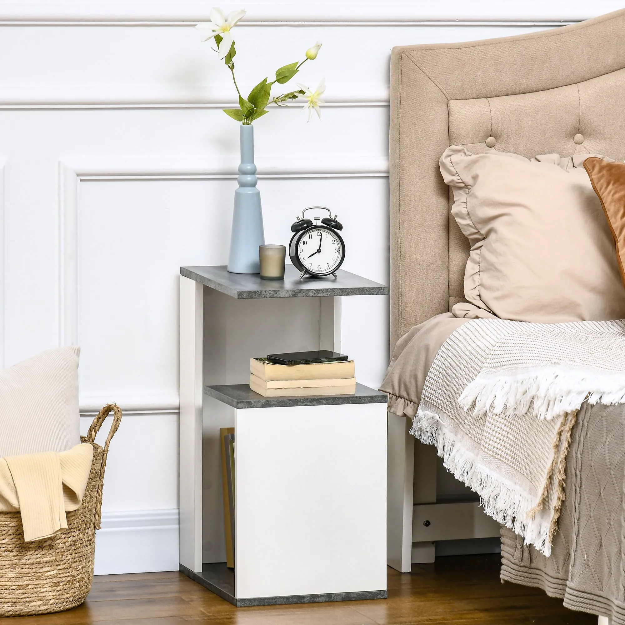 NEW Design Chipboard Open Shelf Nightstand, 35x29.5x60 cm, Grey and White - Image 2