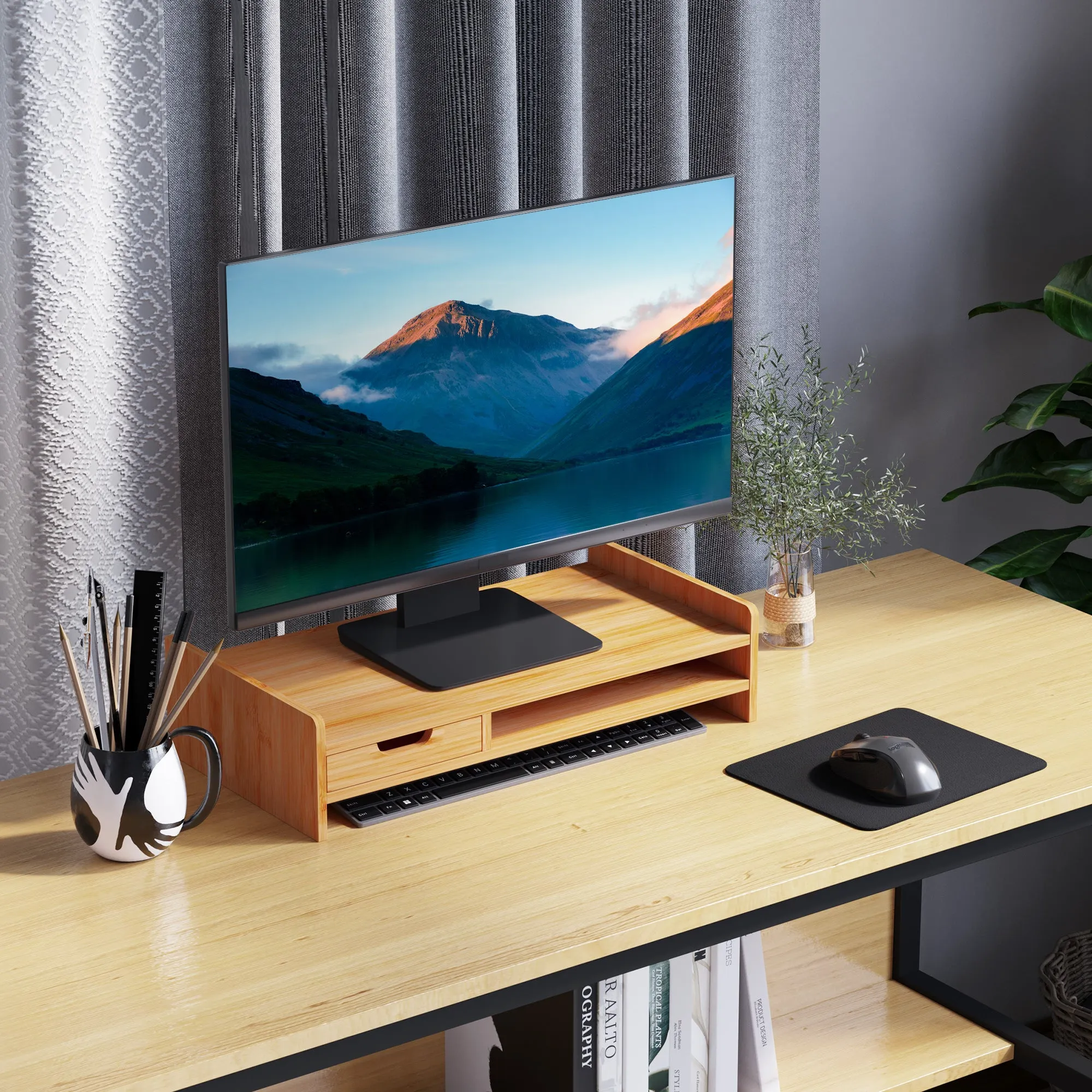 Bamboo Monitor Stand with Mouse and Keyboard Space and Storage Cube Shelf, 49x25.5x11.5 cm - Image 2