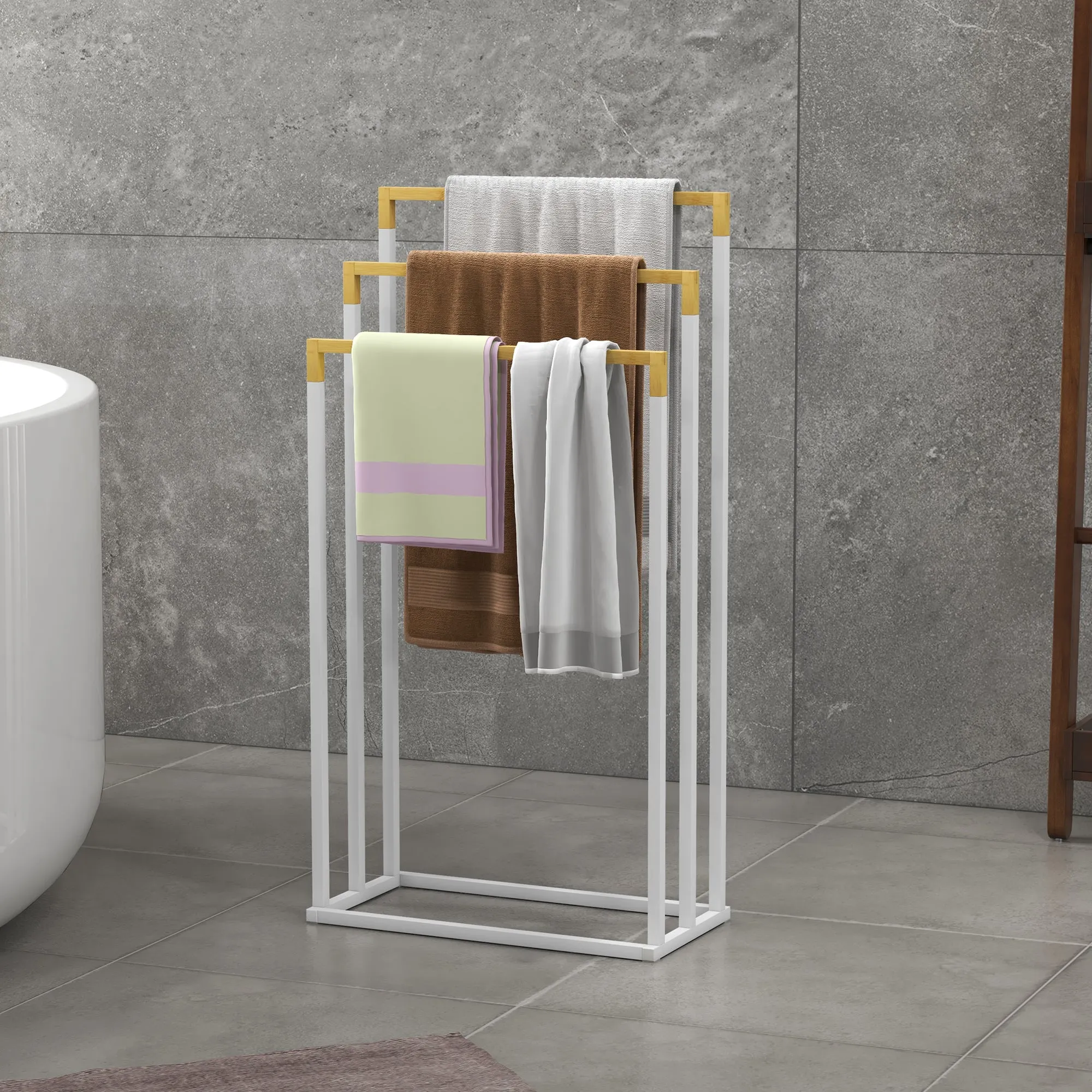 Freestanding 3-Bar Towel Rack in Bamboo and Steel, 45x22. 5x86 cm, White and Wood Color - Image 2