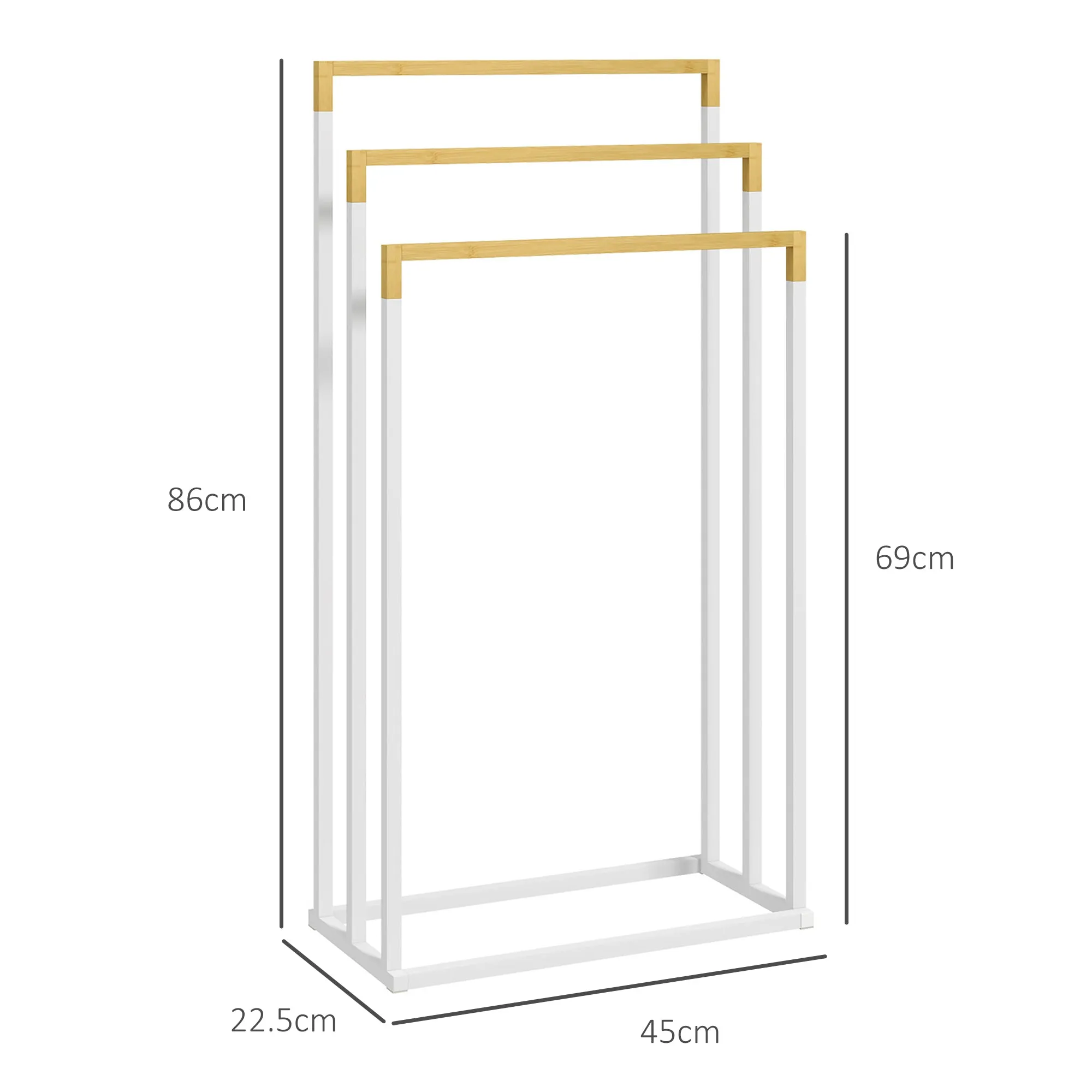 Freestanding 3-Bar Towel Rack in Bamboo and Steel, 45x22. 5x86 cm, White and Wood Color - Image 3