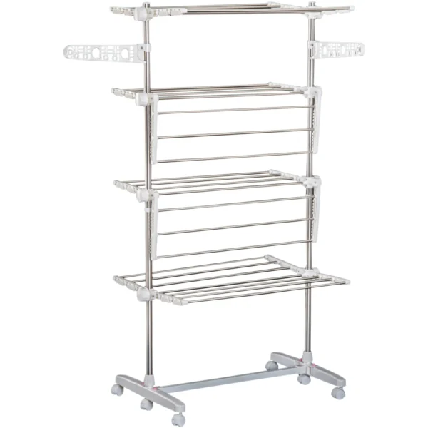 Folding Vertical Clothes Drying Rack in Steel and Plastic with 6 Wheels and 4 Adjustable Shelves, 142x55x172 cm