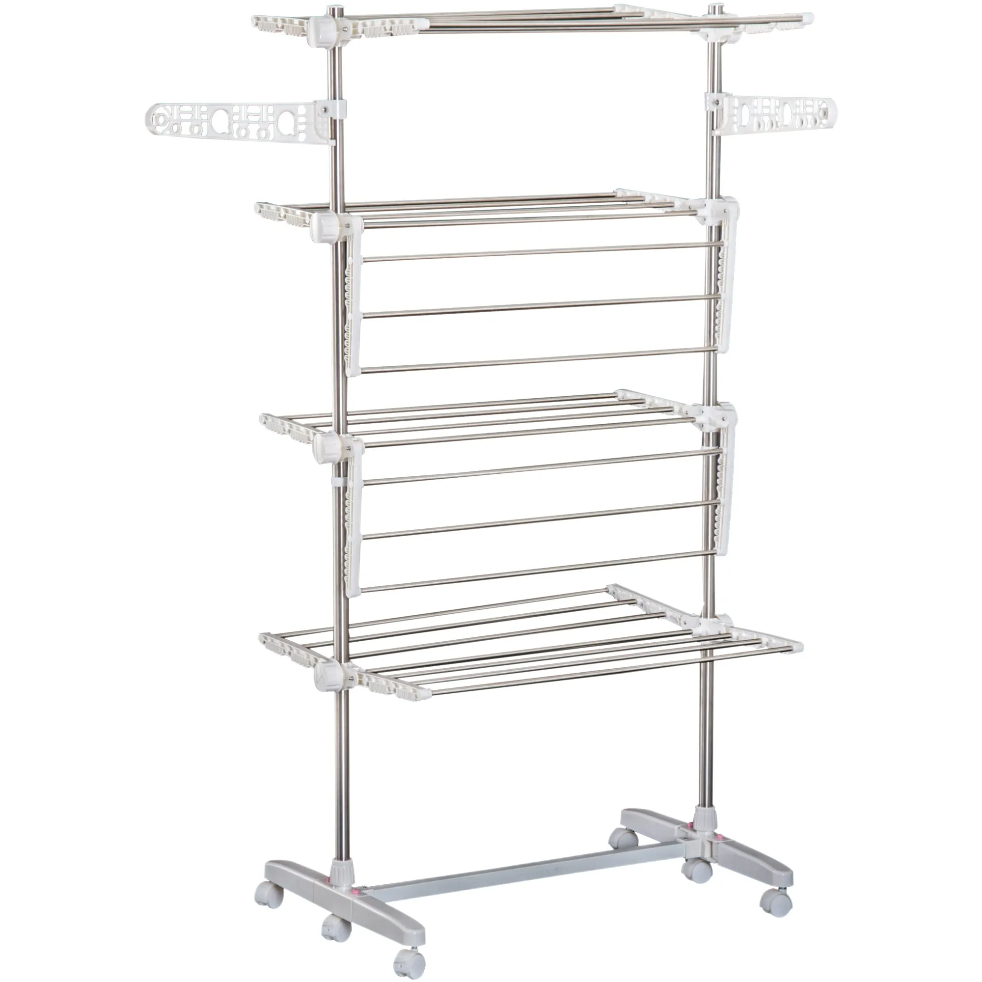 Folding Vertical Clothes Drying Rack in Steel and Plastic with 6 Wheels and 4 Adjustable Shelves, 142x55x172 cm