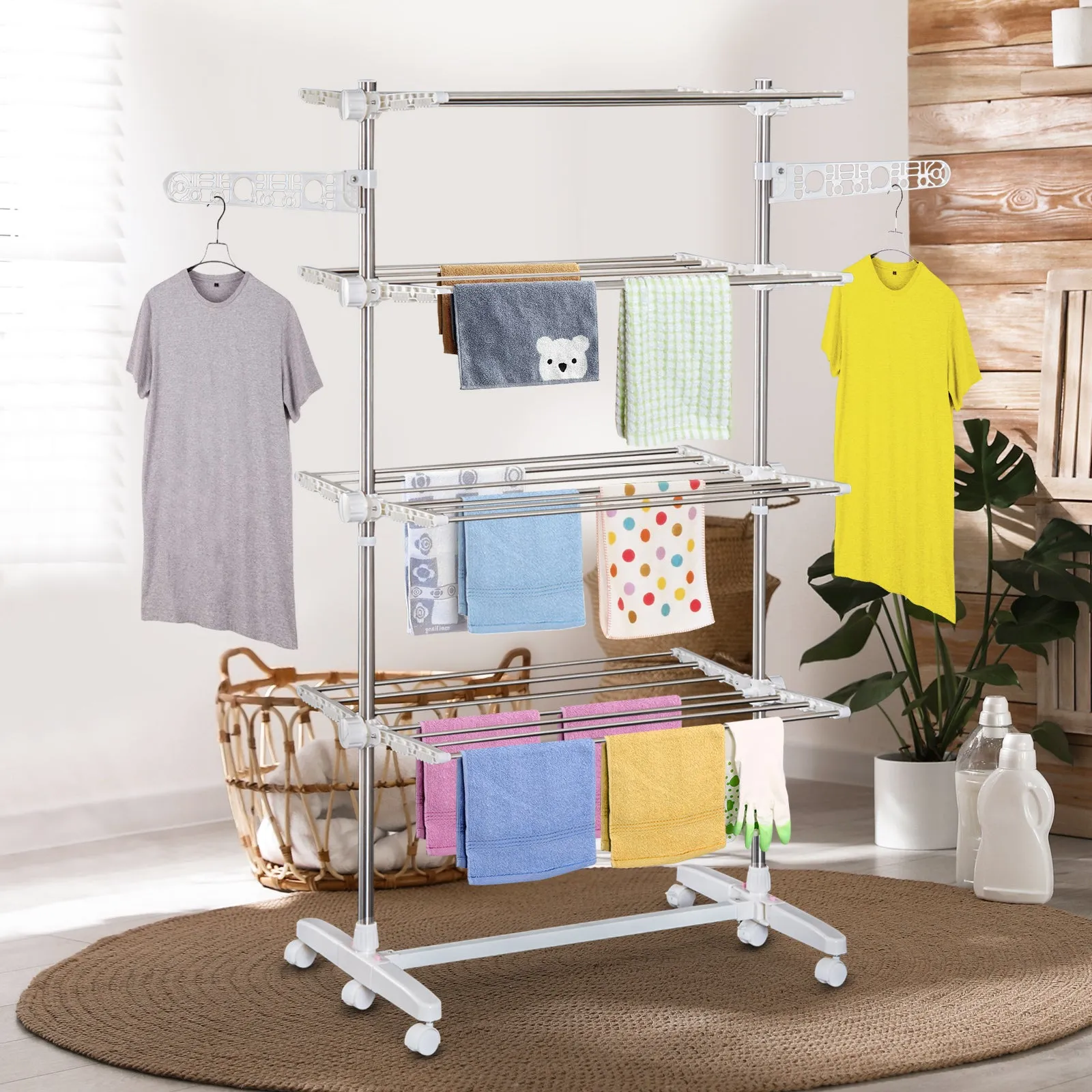 Folding Vertical Clothes Drying Rack in Steel and Plastic with 6 Wheels and 4 Adjustable Shelves, 142x55x172 cm - Image 2