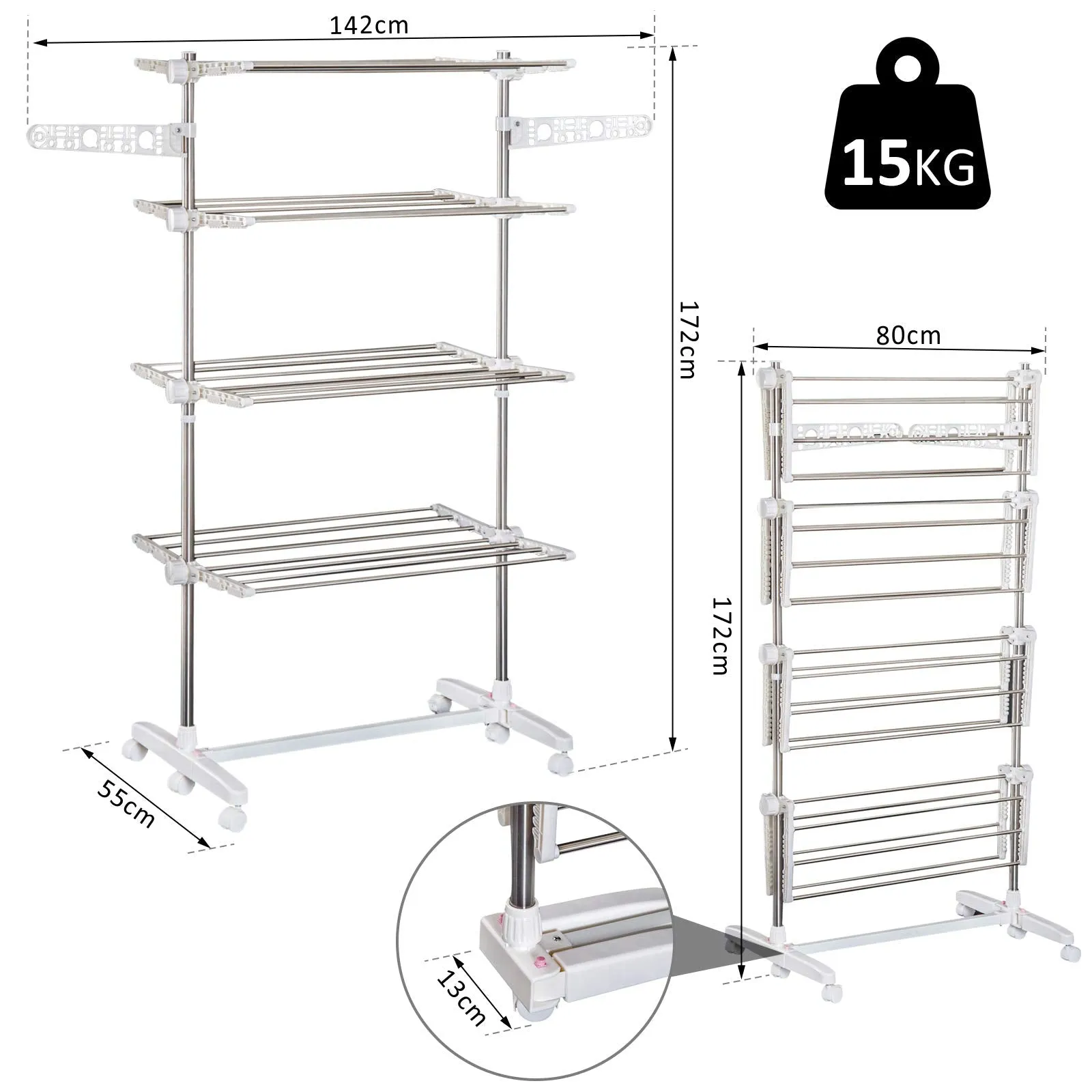 Folding Vertical Clothes Drying Rack in Steel and Plastic with 6 Wheels and 4 Adjustable Shelves, 142x55x172 cm - Image 3
