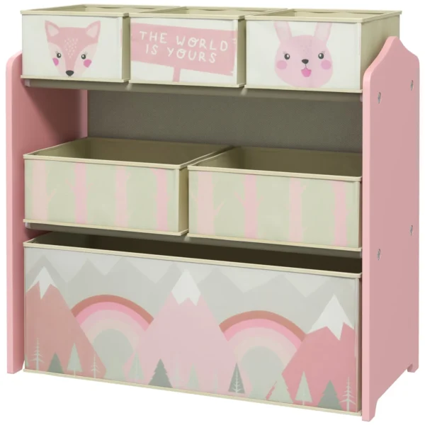 Children's Toy Storage Shelf with 6 Removable Fabric Bins, 63x30x66cm, Pink
