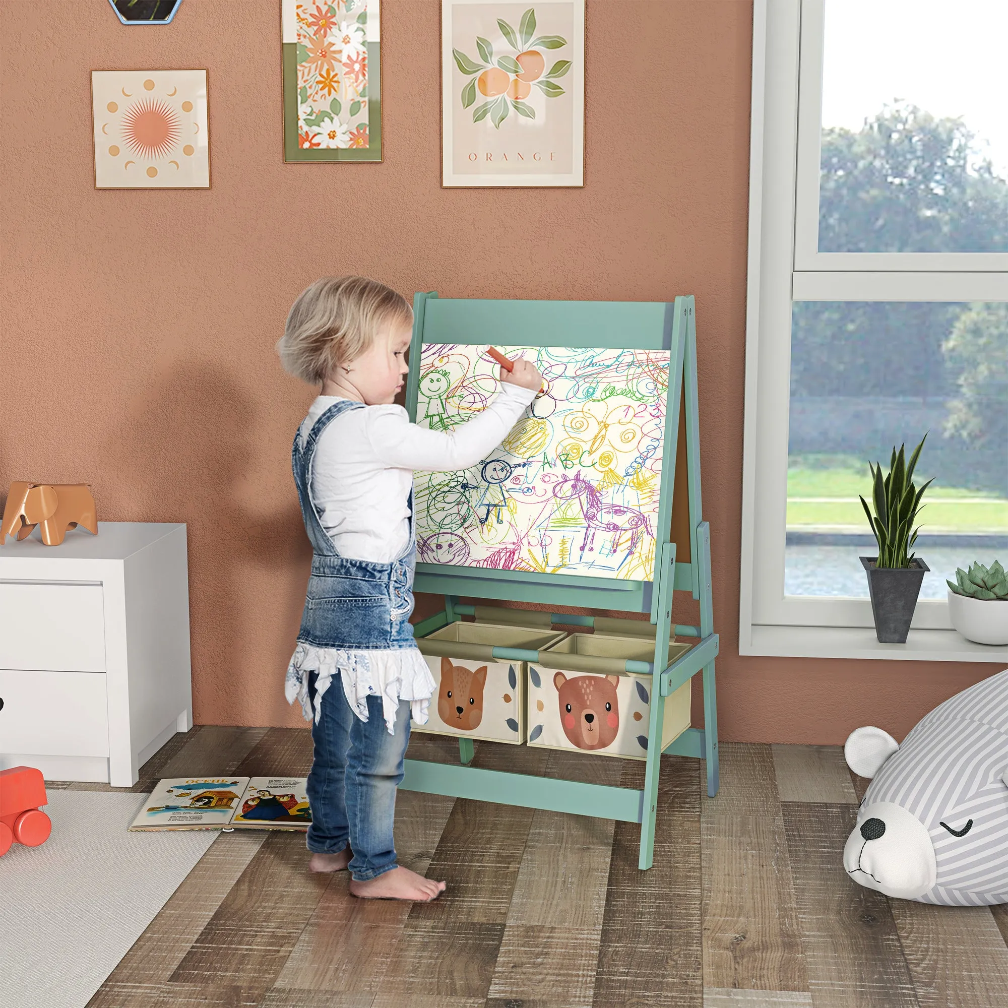 Children's Easel Blackboard 3-in-1 with 2 Containers, Ages 3-8, 54x46. 5x93cm, Green - Image 2