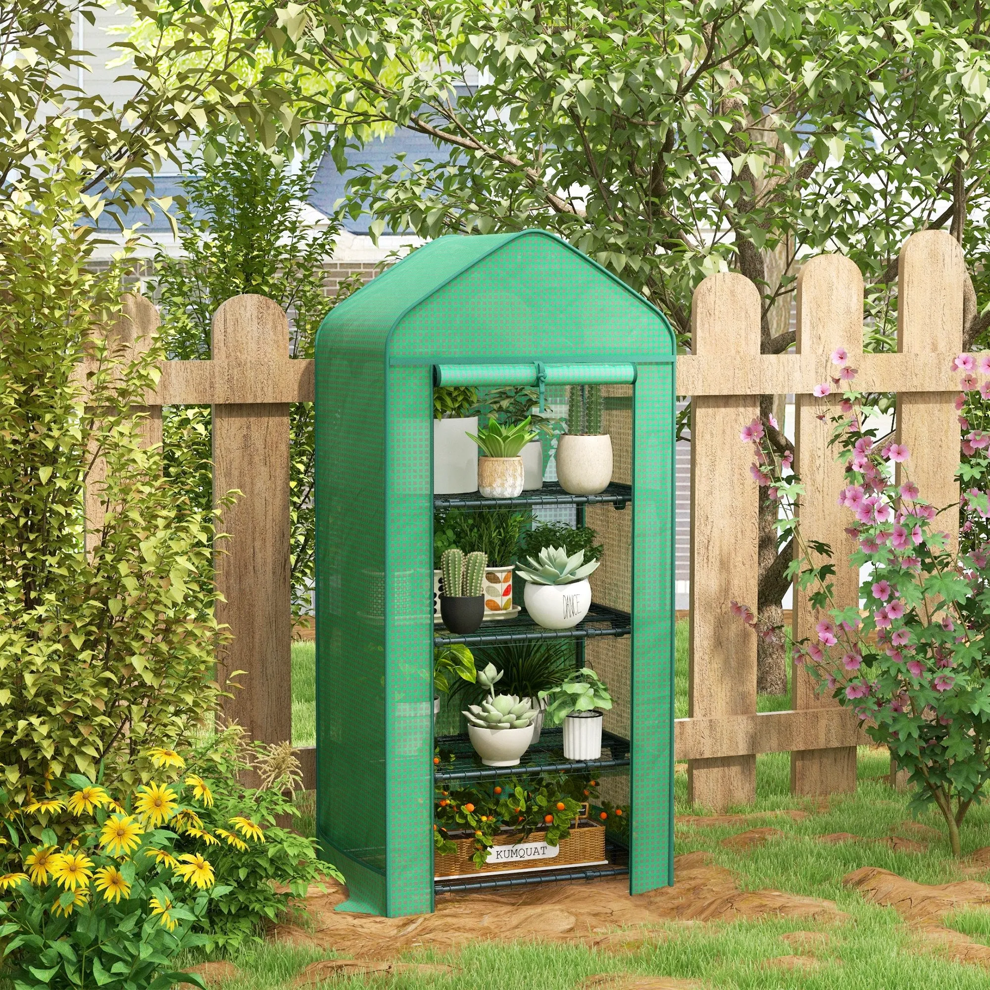 4-Tier Plant Greenhouse with Roll-Up Door, Metal and PE, 69x49x158 cm, Dark Green - Image 2