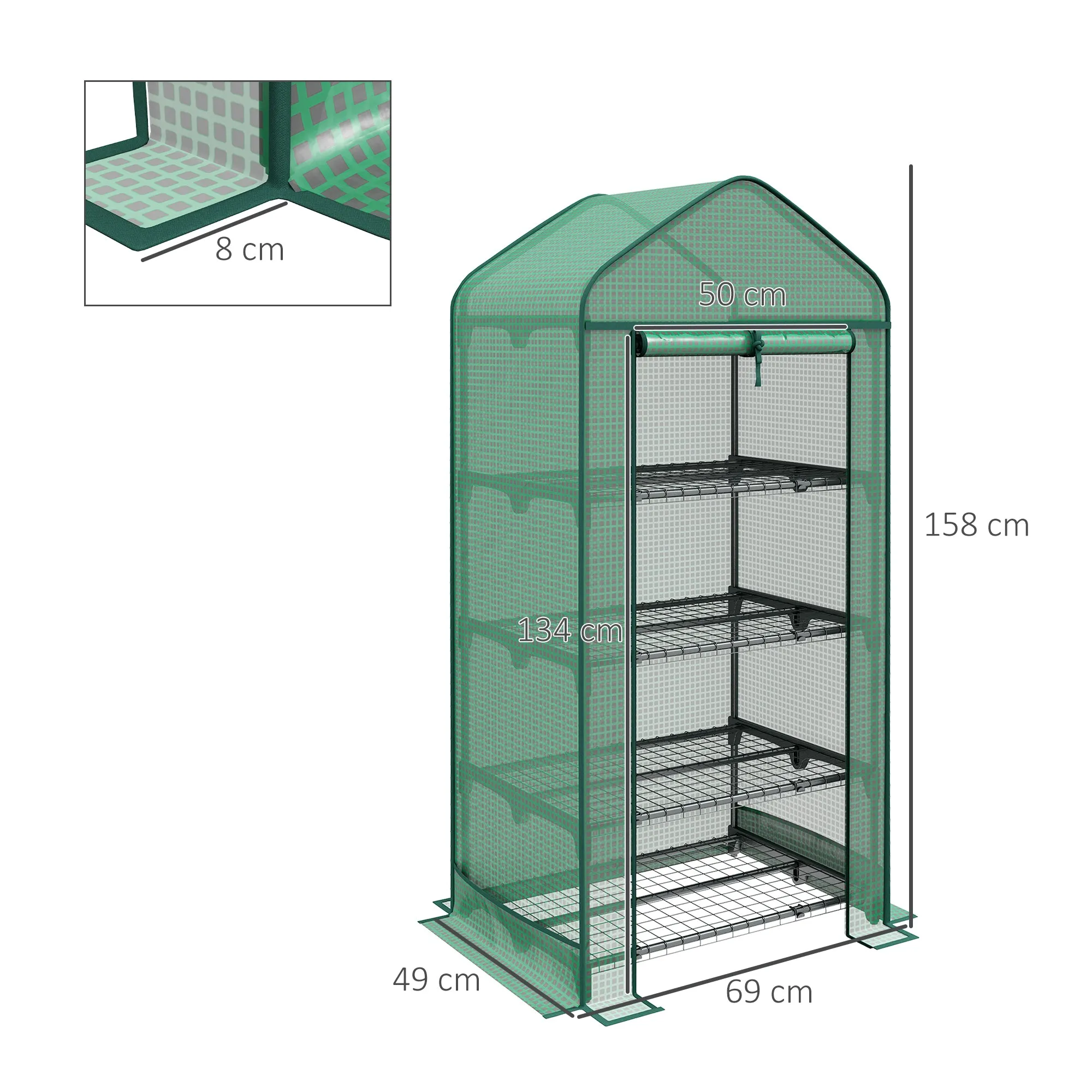 4-Tier Plant Greenhouse with Roll-Up Door, Metal and PE, 69x49x158 cm, Dark Green - Image 3
