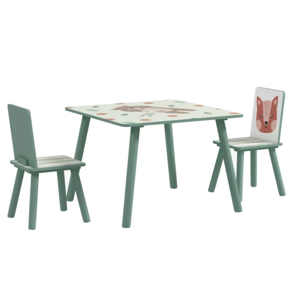3 Piece Table and Chair Set for Children 3-8 Years in MDF and Pine Wood, Green