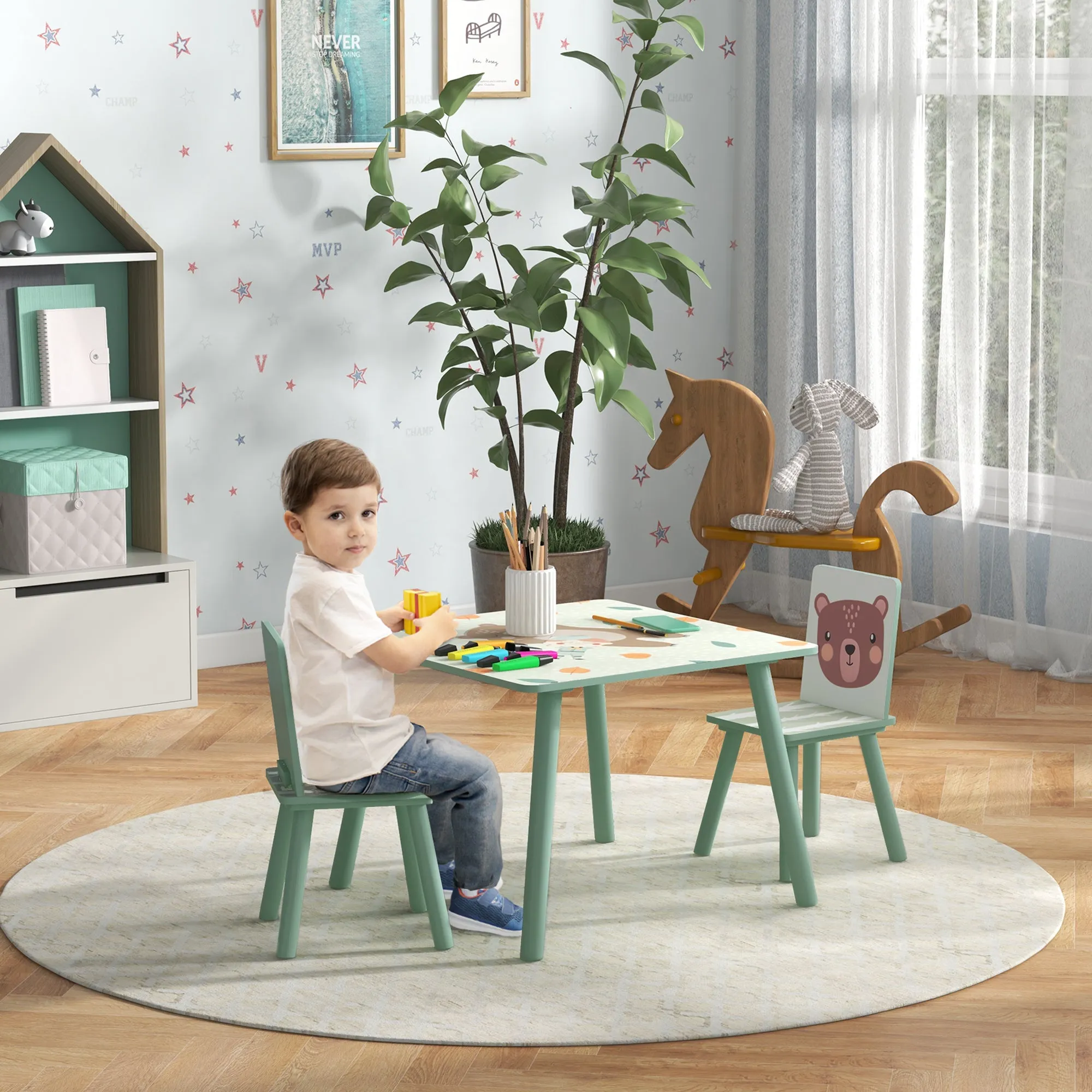 3 Piece Table and Chair Set for Children 3-8 Years in MDF and Pine Wood, Green - Image 2