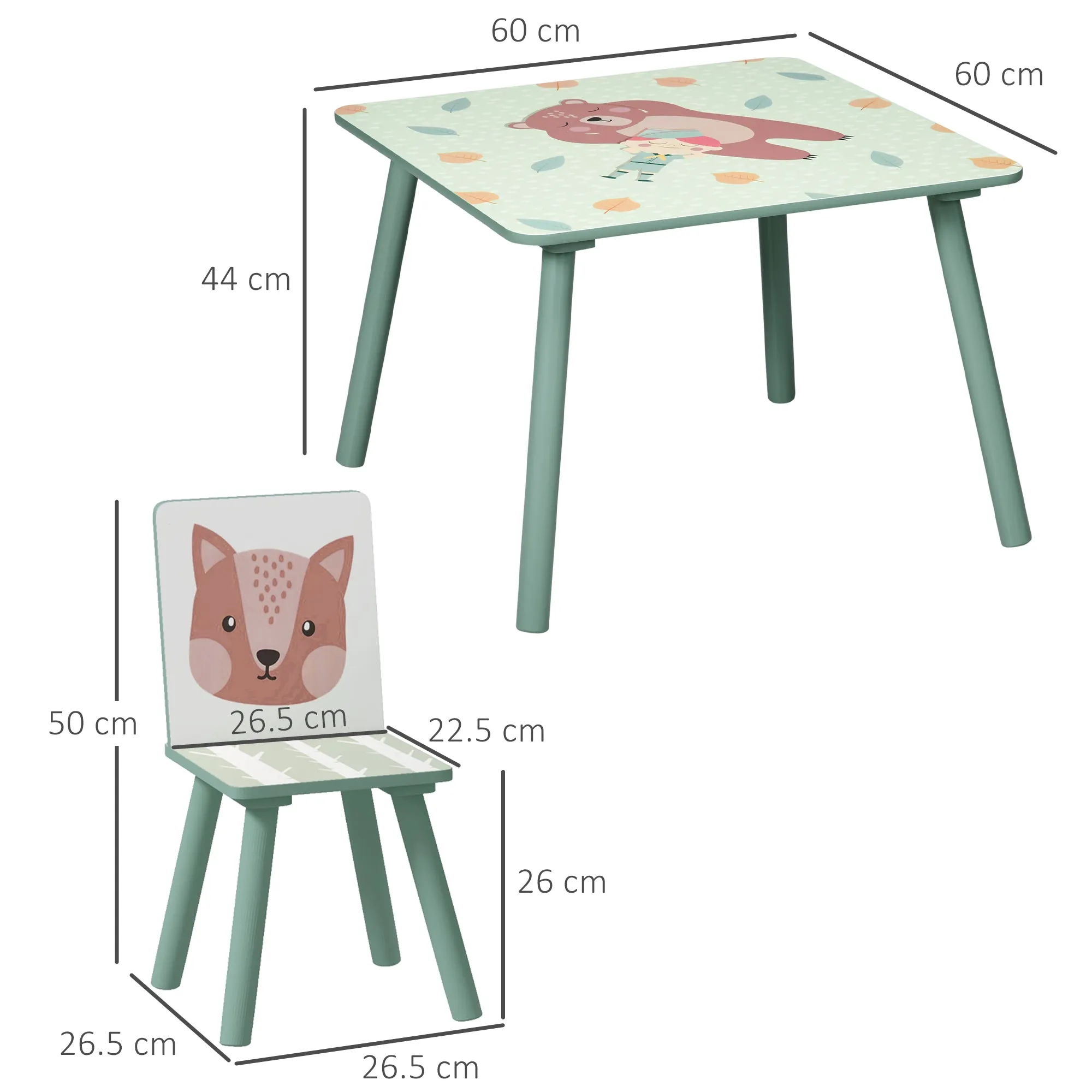 3 Piece Table and Chair Set for Children 3-8 Years in MDF and Pine Wood, Green - Image 3