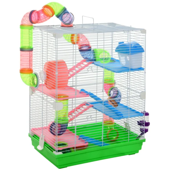 5-Tier Hamster Cage with Tubes, Wheel, Ladders, House and Bottle, Rodent Cage Made of Metal, PP and PS, 46x30x58 cm, Green