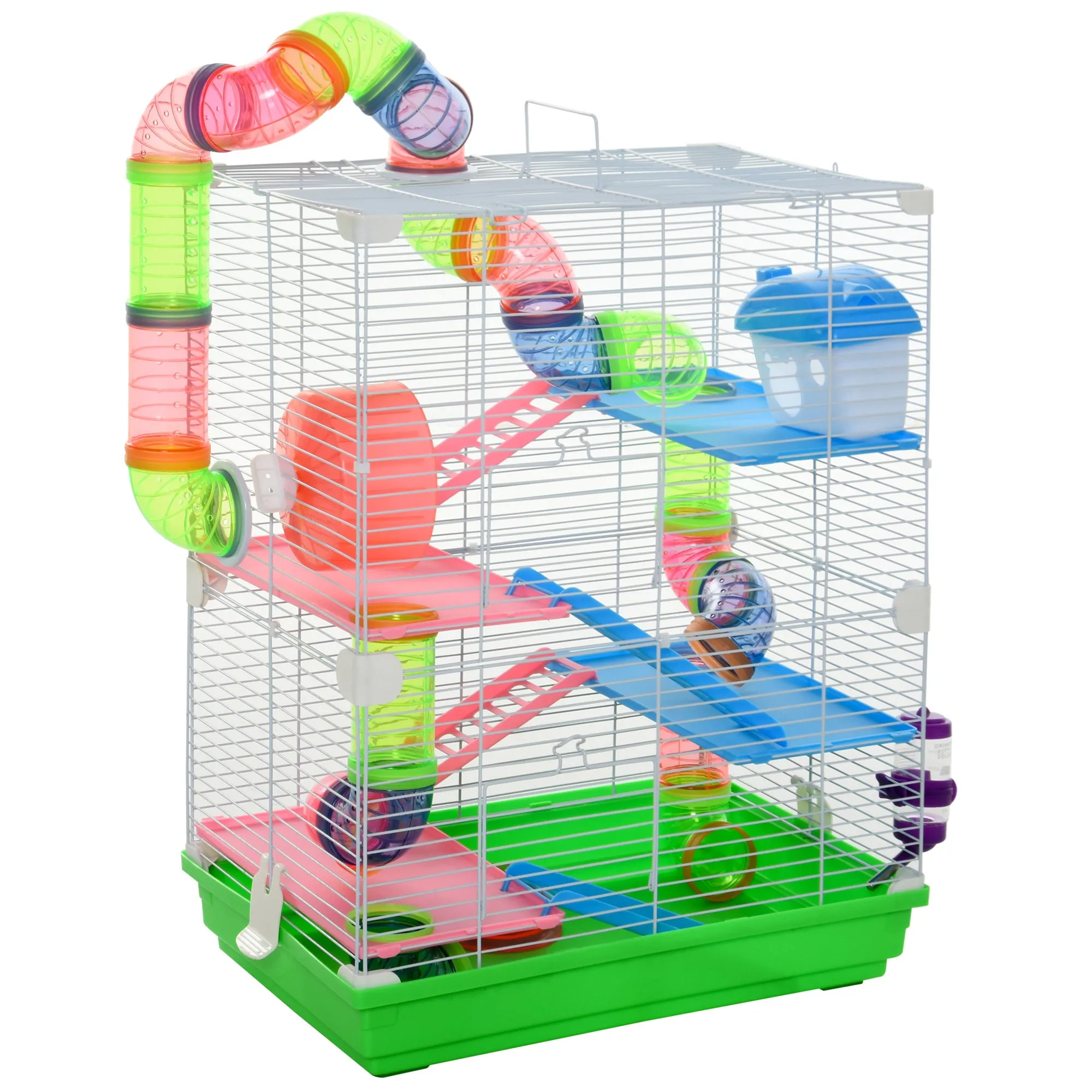 5-Tier Hamster Cage with Tubes, Wheel, Ladders, House and Bottle, Rodent Cage Made of Metal, PP and PS, 46x30x58 cm, Green