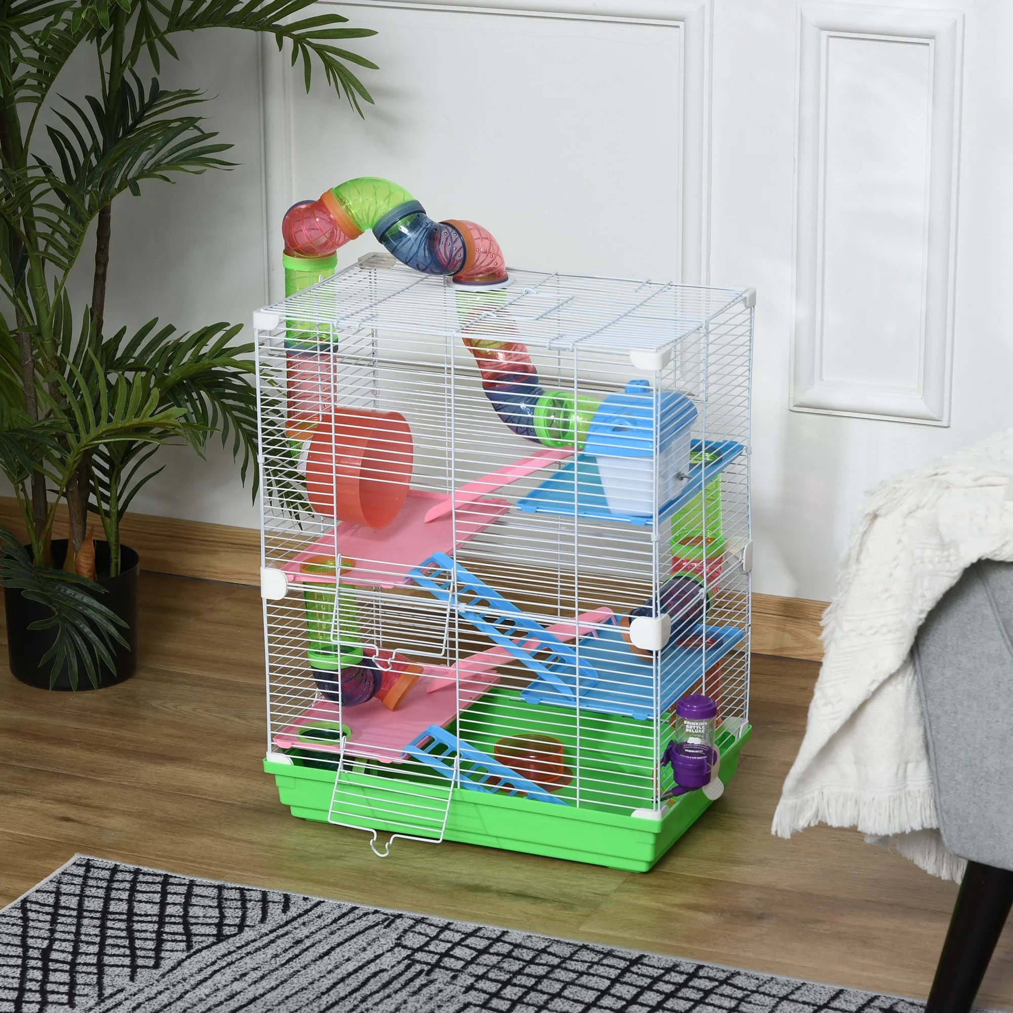 5-Tier Hamster Cage with Tubes, Wheel, Ladders, House and Bottle, Rodent Cage Made of Metal, PP and PS, 46x30x58 cm, Green - Image 2