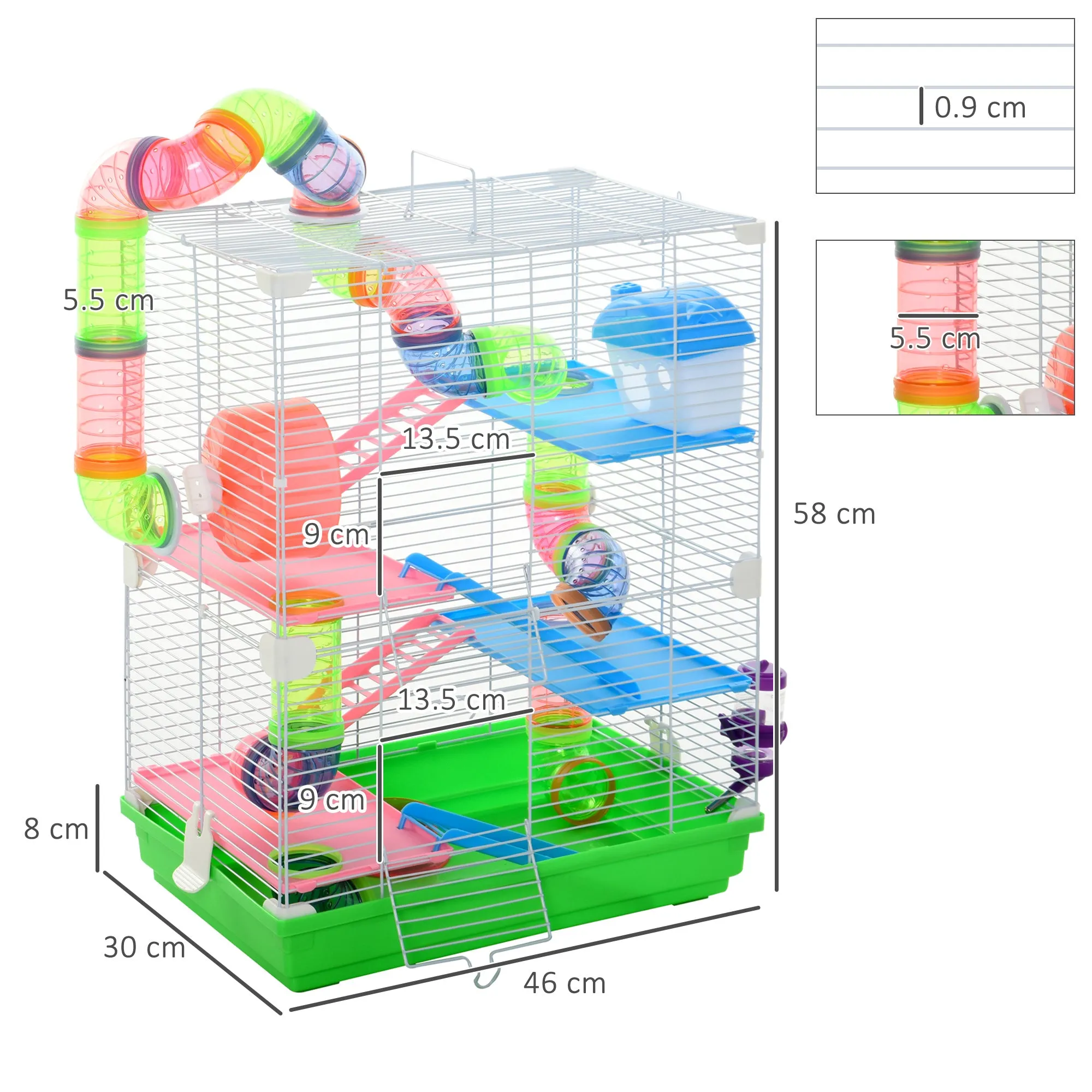 5-Tier Hamster Cage with Tubes, Wheel, Ladders, House and Bottle, Rodent Cage Made of Metal, PP and PS, 46x30x58 cm, Green - Image 3