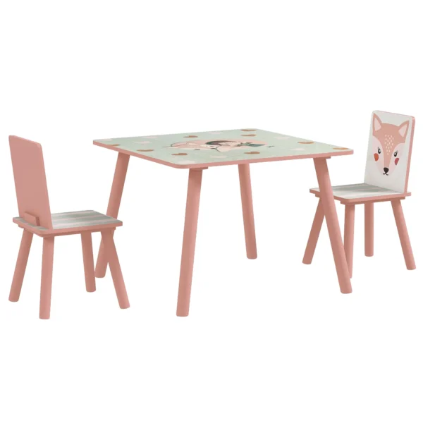 3 Piece Table and Chair Set for Children 3-8 Years in MDF and Pine Wood with Animal Designs, Pink
