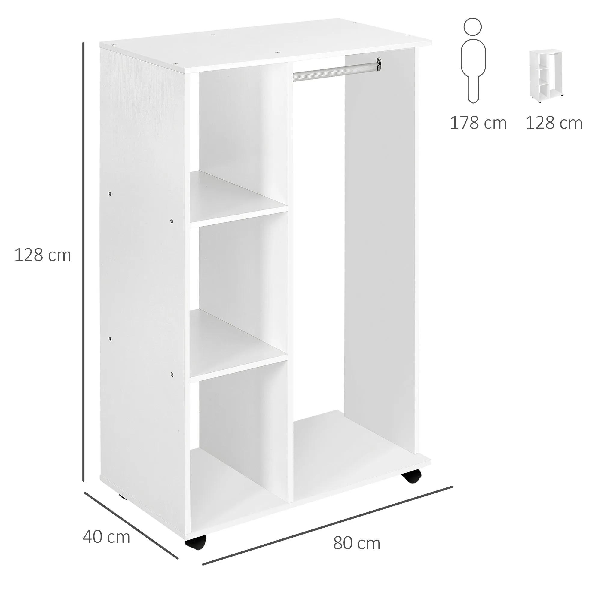 Wardrobe Cabinet with Wheels Wooden, White, 80x40x128cm - Image 3
