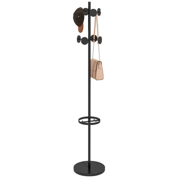 Coat Rack with Umbrella Stand and 8 Metal Disc Hooks Ø34 x 177cm, Black