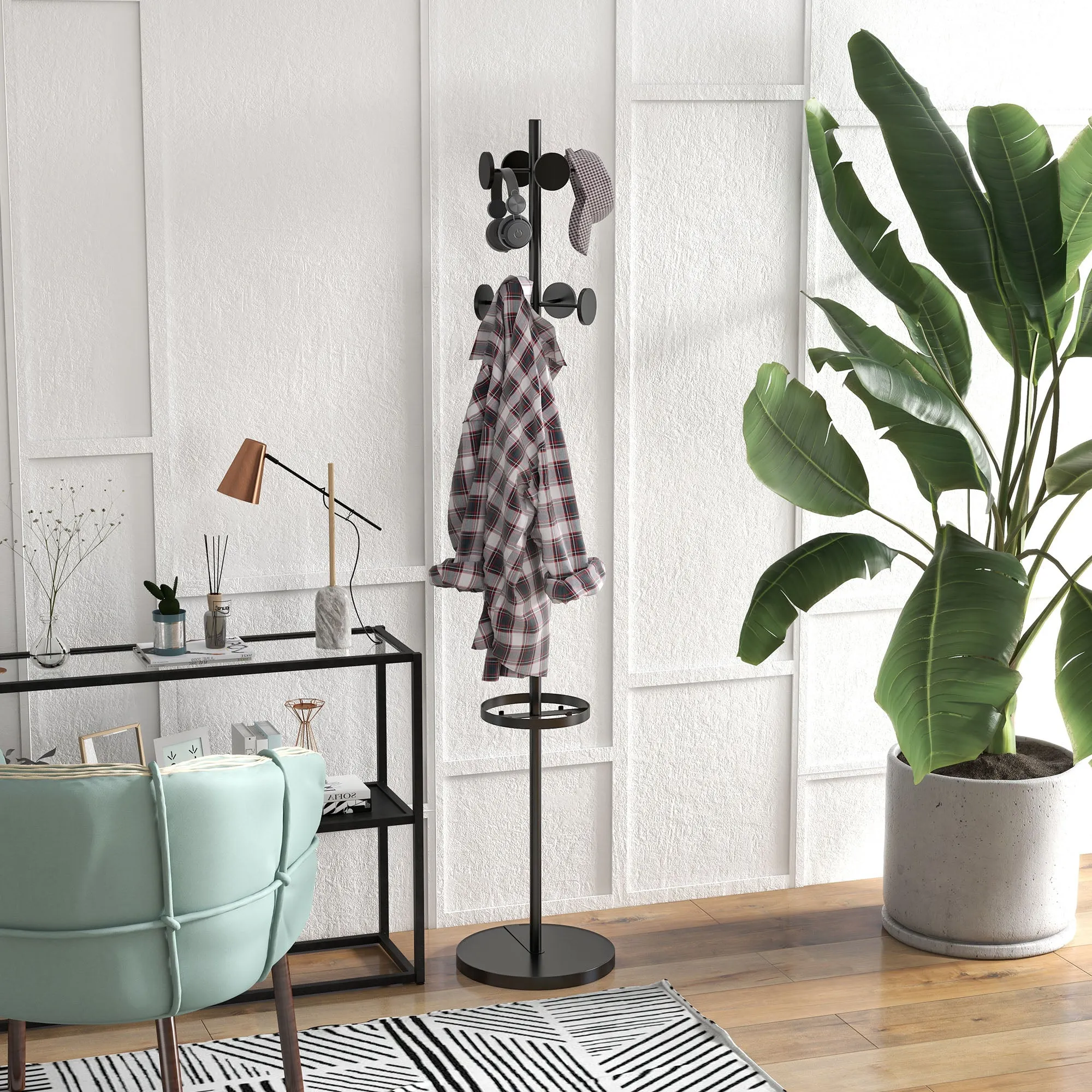 Coat Rack with Umbrella Stand and 8 Metal Disc Hooks Ø34 x 177cm, Black - Image 2