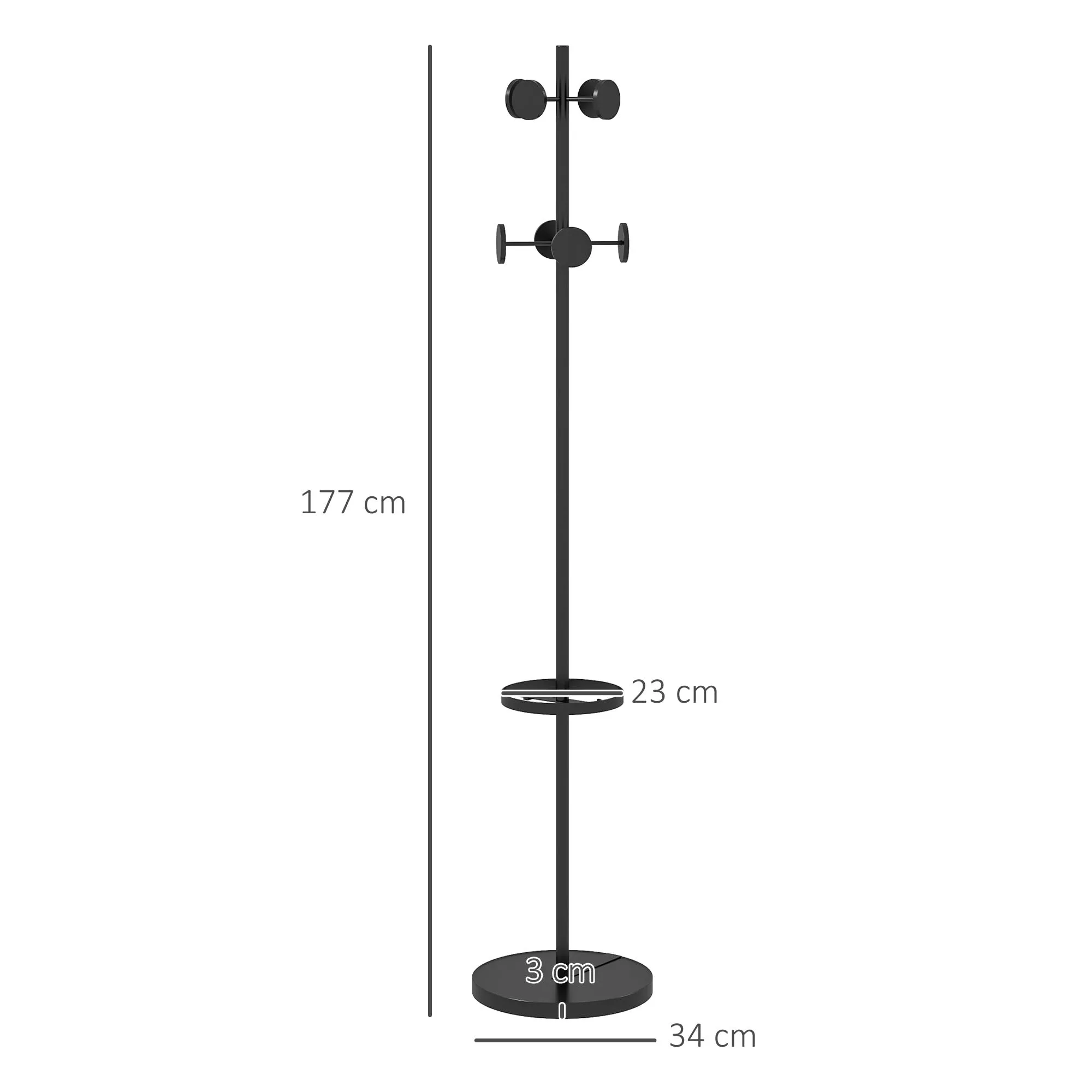 Coat Rack with Umbrella Stand and 8 Metal Disc Hooks Ø34 x 177cm, Black - Image 3