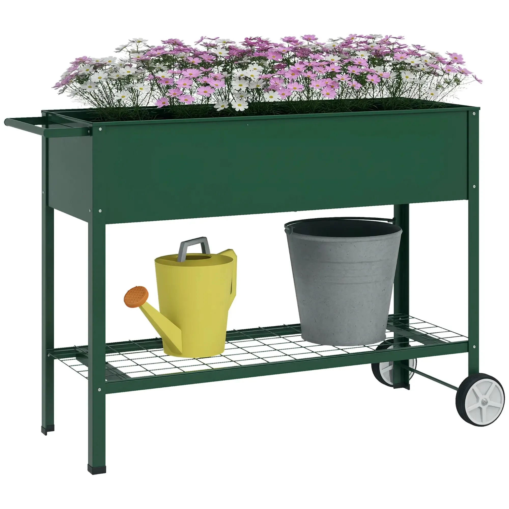 Outdoor Planter with Lower Shelf for Tools, Metal, 109x44x80 cm, Green