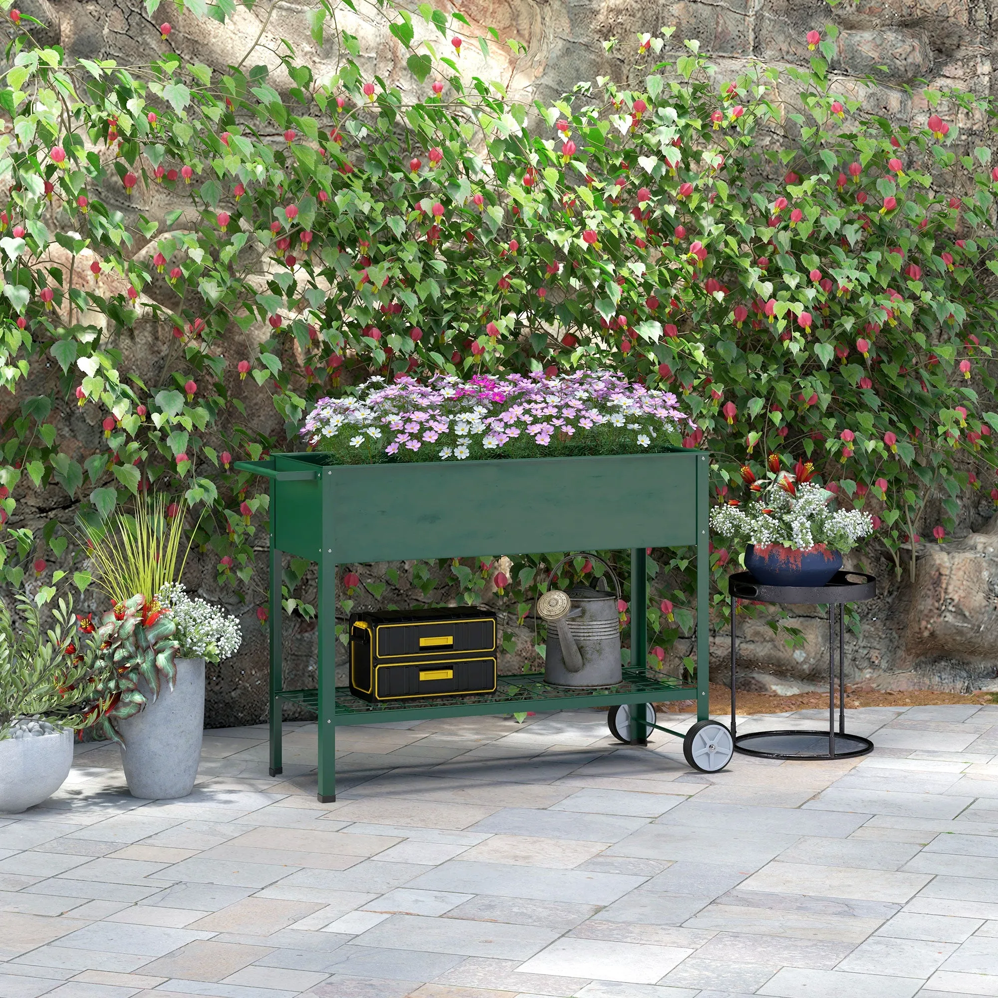 Outdoor Planter with Lower Shelf for Tools, Metal, 109x44x80 cm, Green - Image 2