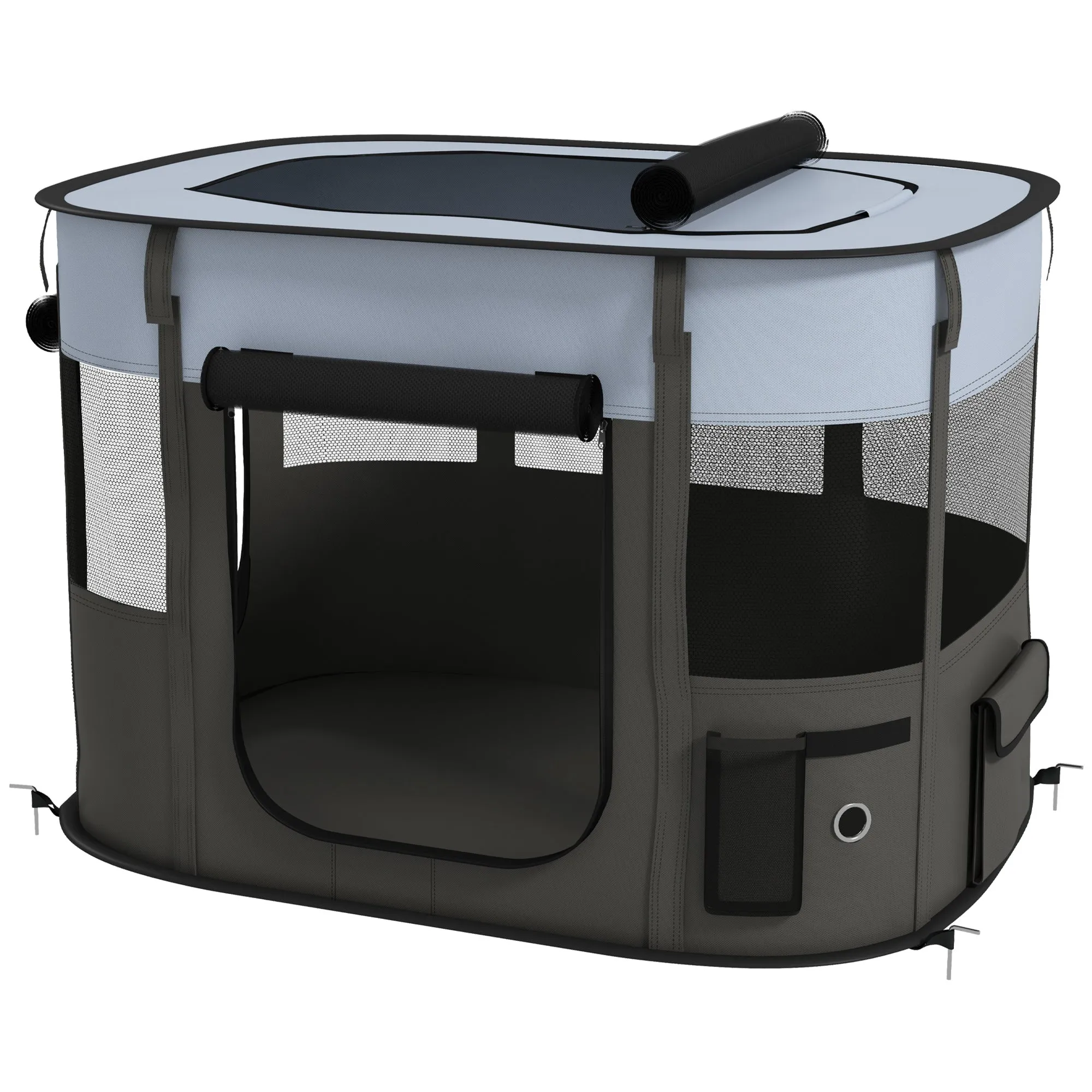 Pet Playpen with 7 Windows, 3 Doors and 2 Storage Bags, Polyester and Steel, 84x64x53 cm