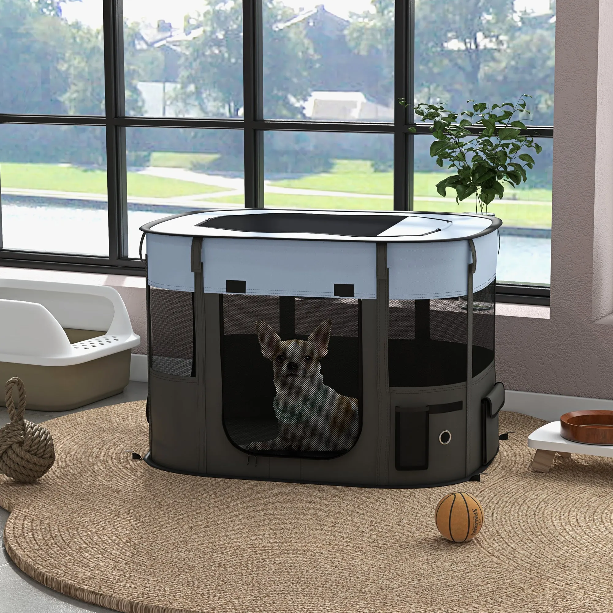 Pet Playpen with 7 Windows, 3 Doors and 2 Storage Bags, Polyester and Steel, 84x64x53 cm - Image 2