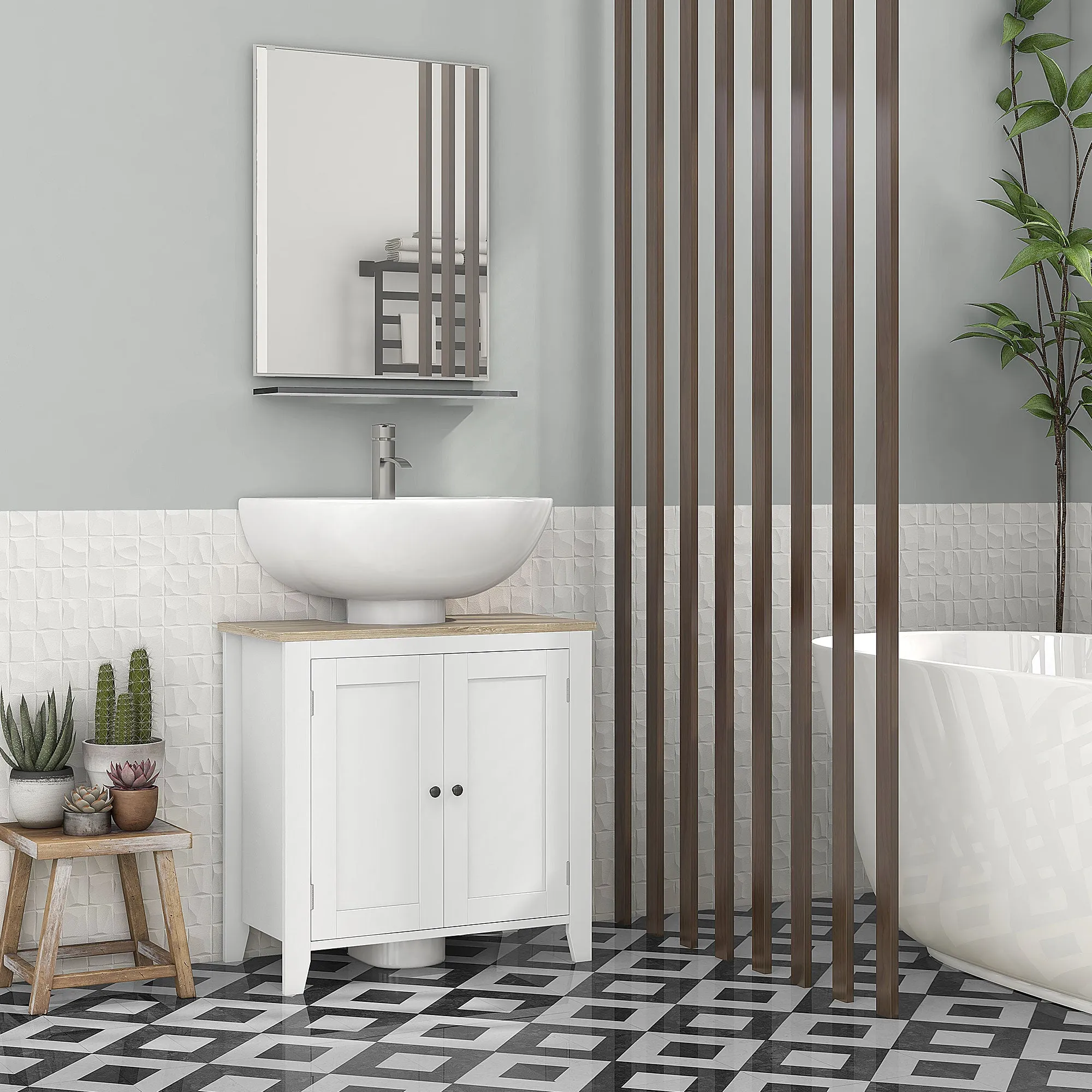 Bathroom Vanity Unit U-Shaped with Adjustable Internal Shelf, in MDF, 60x30x60 cm, White and Wood Color - Image 2