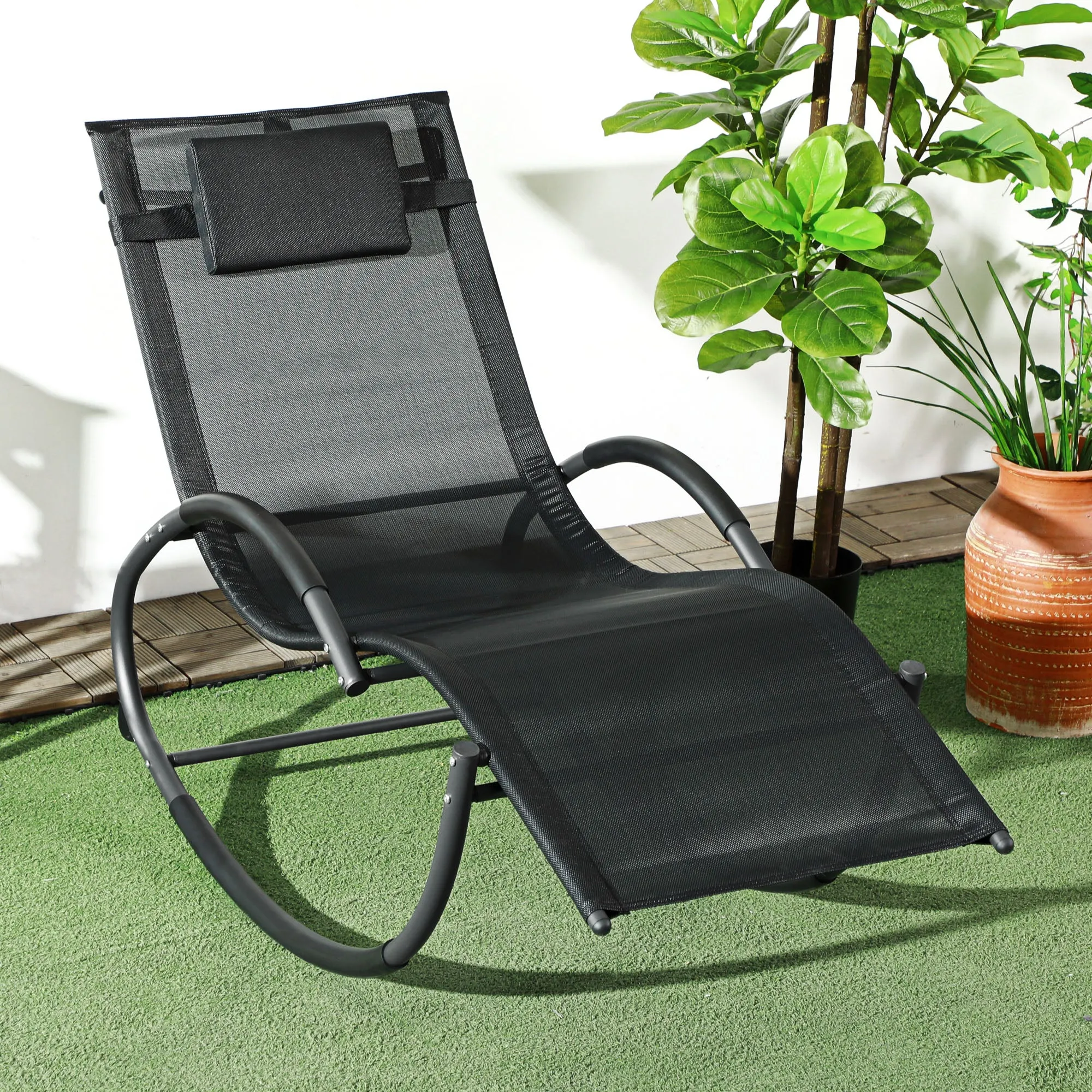 Waterproof Outdoor Zero-Gravity Rocking Lounger with Headrest, 155 x 61 x 88 cm, Black - Image 2