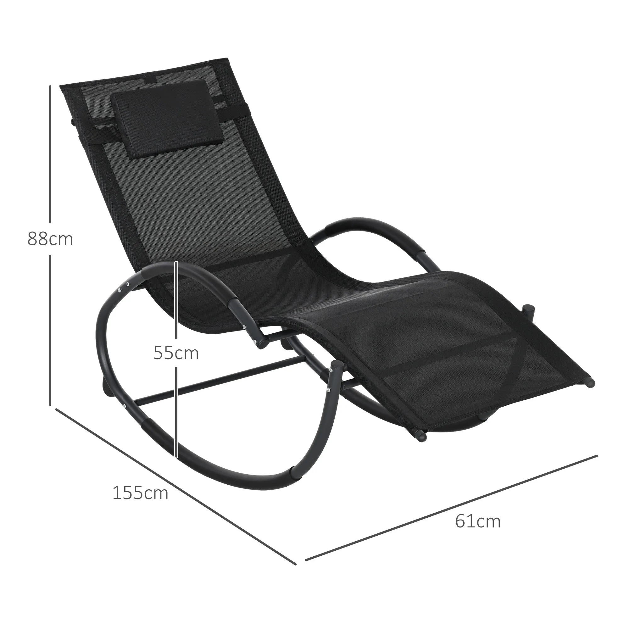 Waterproof Outdoor Zero-Gravity Rocking Lounger with Headrest, 155 x 61 x 88 cm, Black - Image 3